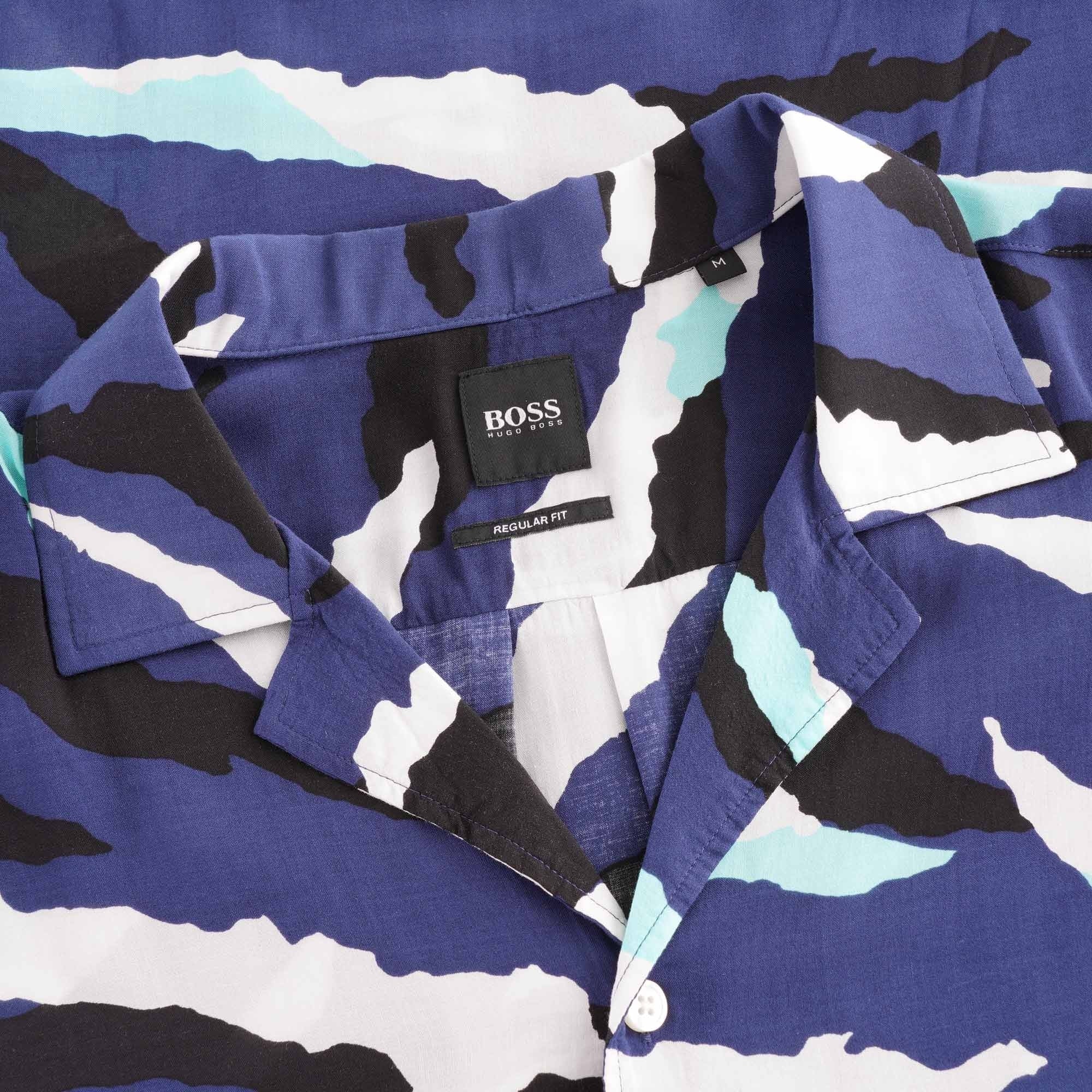 Boss Seasonal Print Camp Collar Shirt - Dark Blue