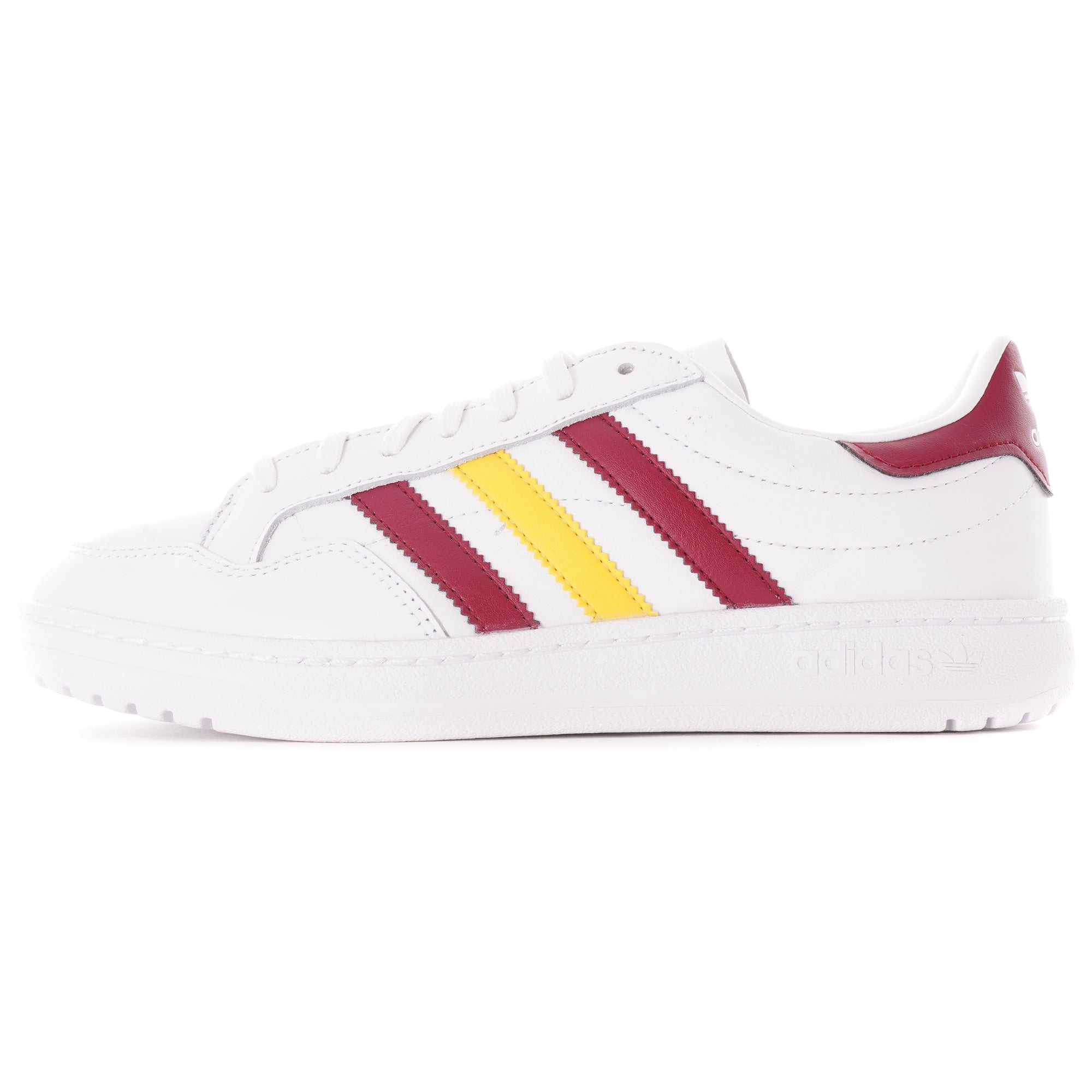 White Adidas trainers with burgundy and yellow stripes from a side angle.