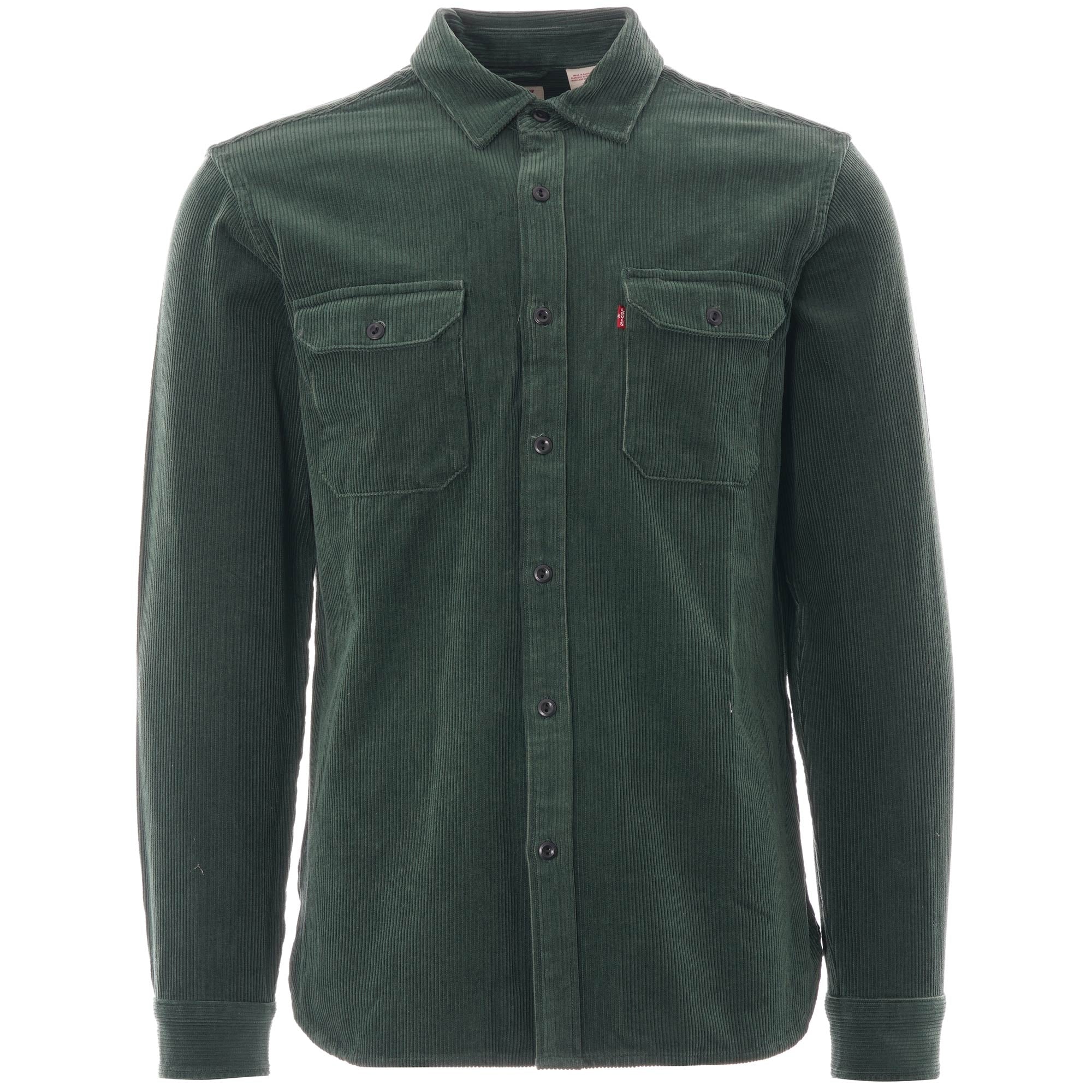 Full view of a men's green corduroy shirt by Levi's.
