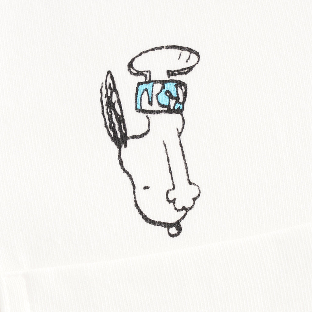 A close-up of Snoopy playing tennis with a tennis racket on a white t-shirt.