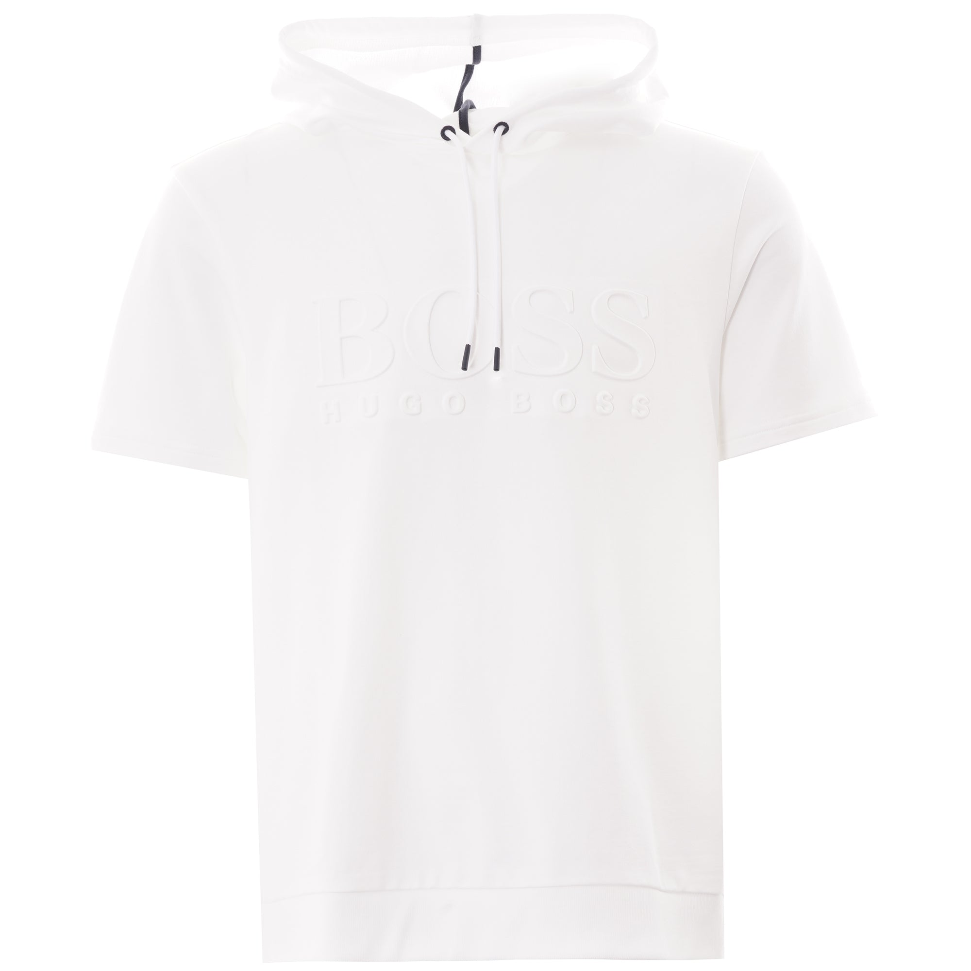 A short-sleeved BOSS hoodie in white, with embossed branding on the chest.