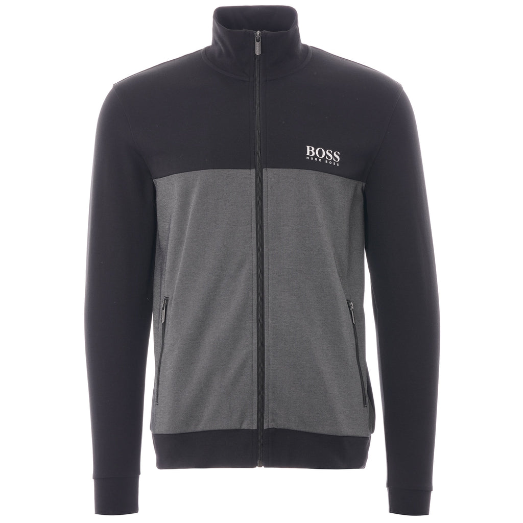 A black and grey BOSS Track Jacket with a white BOSS logo on the chest.