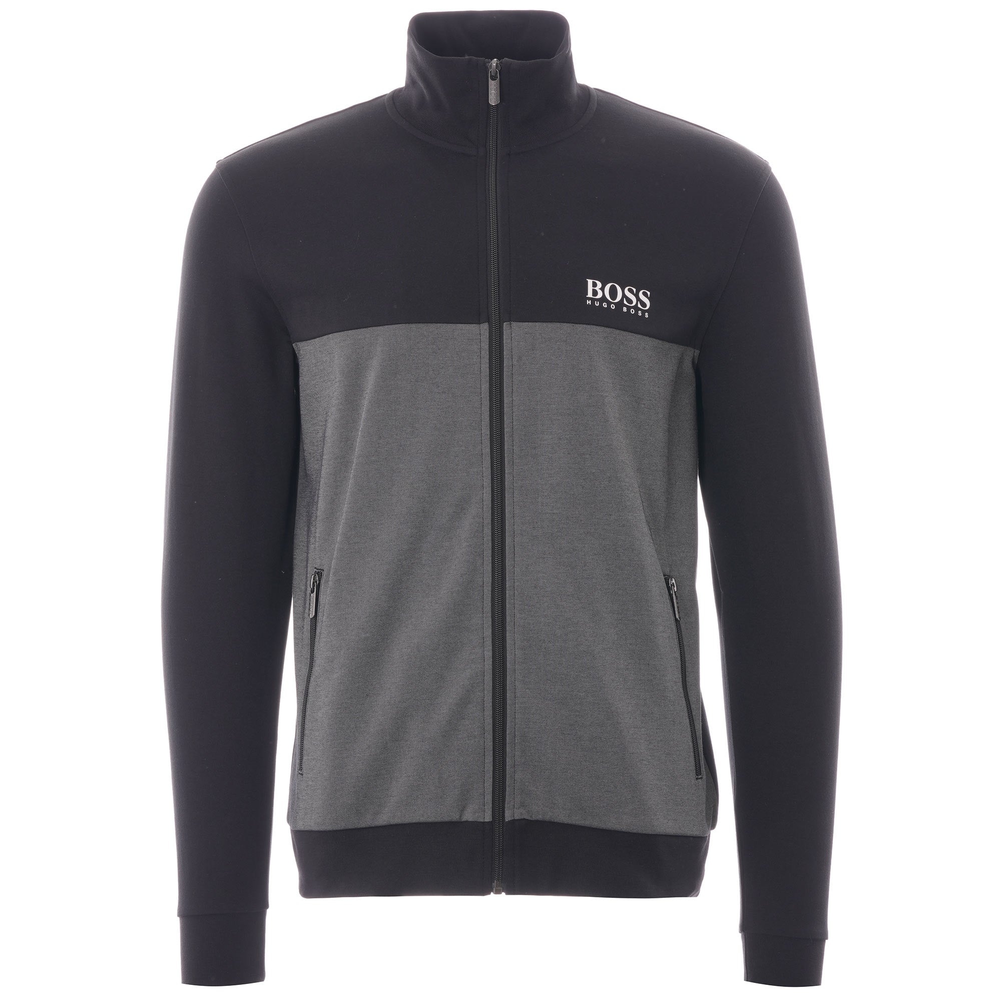 A black and grey BOSS Track Jacket with a white BOSS logo on the chest.