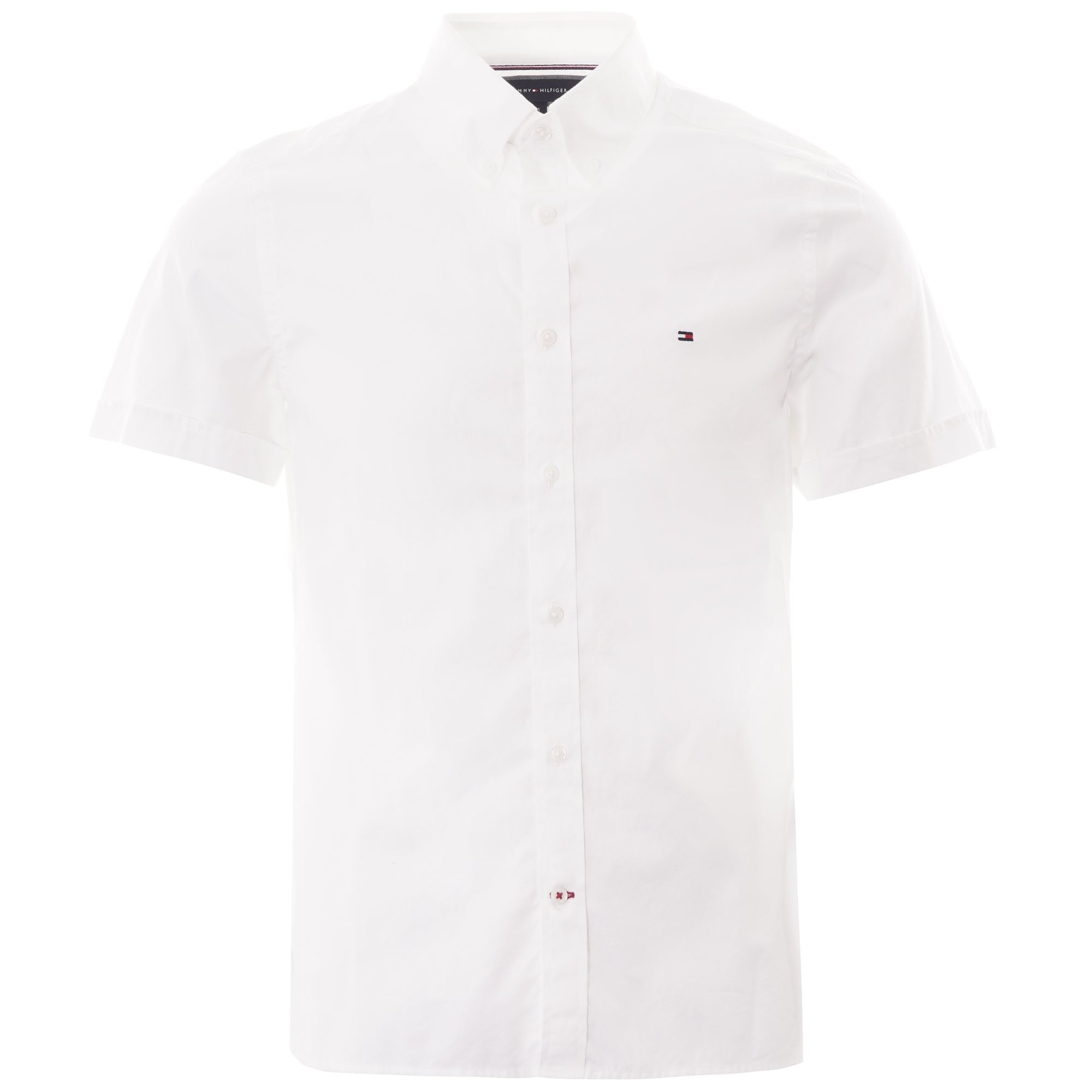 A white Tommy Hilfiger short sleeve shirt.