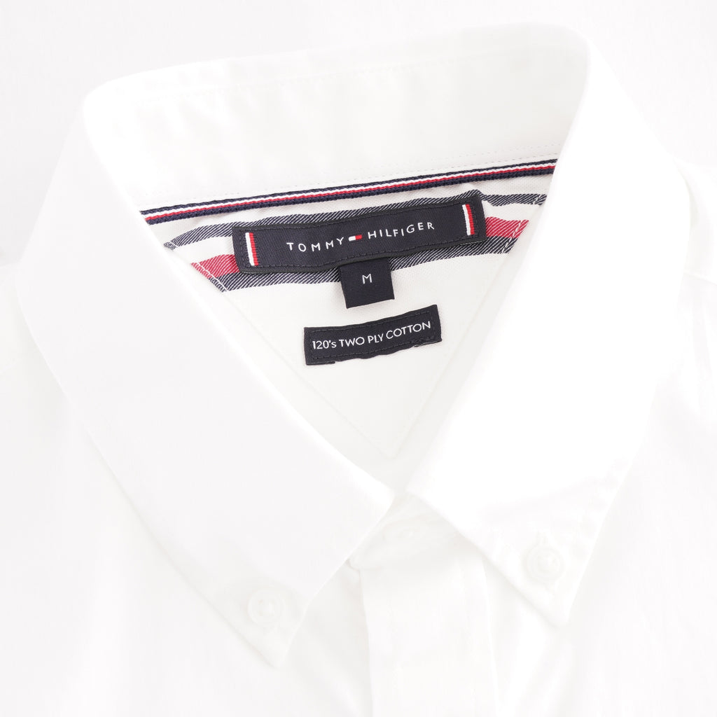 A close up of the Tommy Hilfiger shirt collar and label.