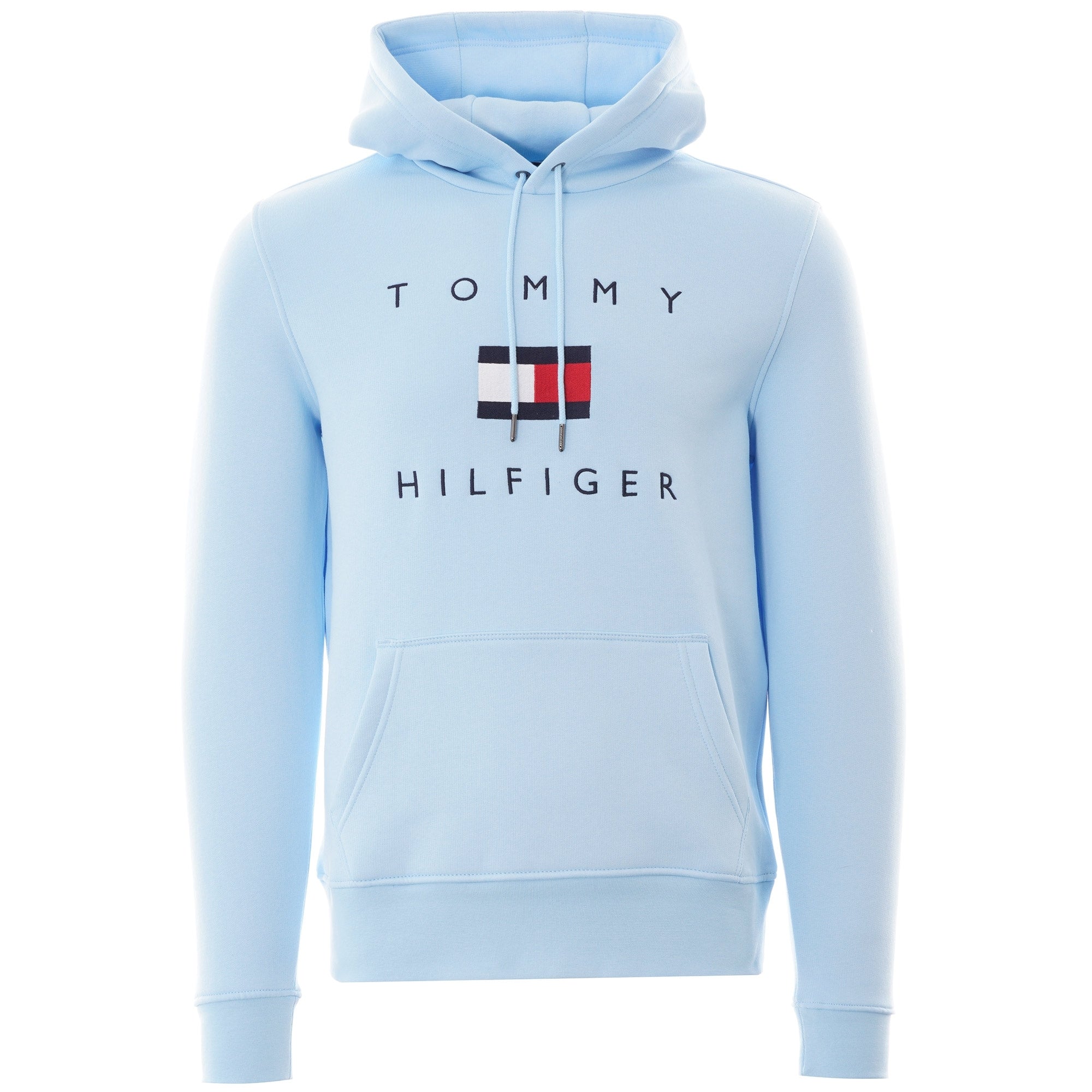 Front view of the Tommy Hilfiger hoodie in light blue.