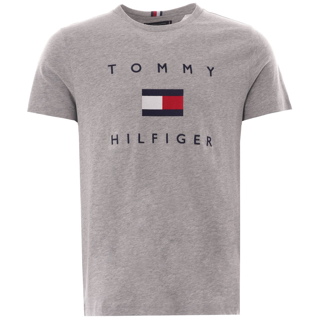 A grey Tommy Hilfiger men's t-shirt with the classic flag logo and brand name.