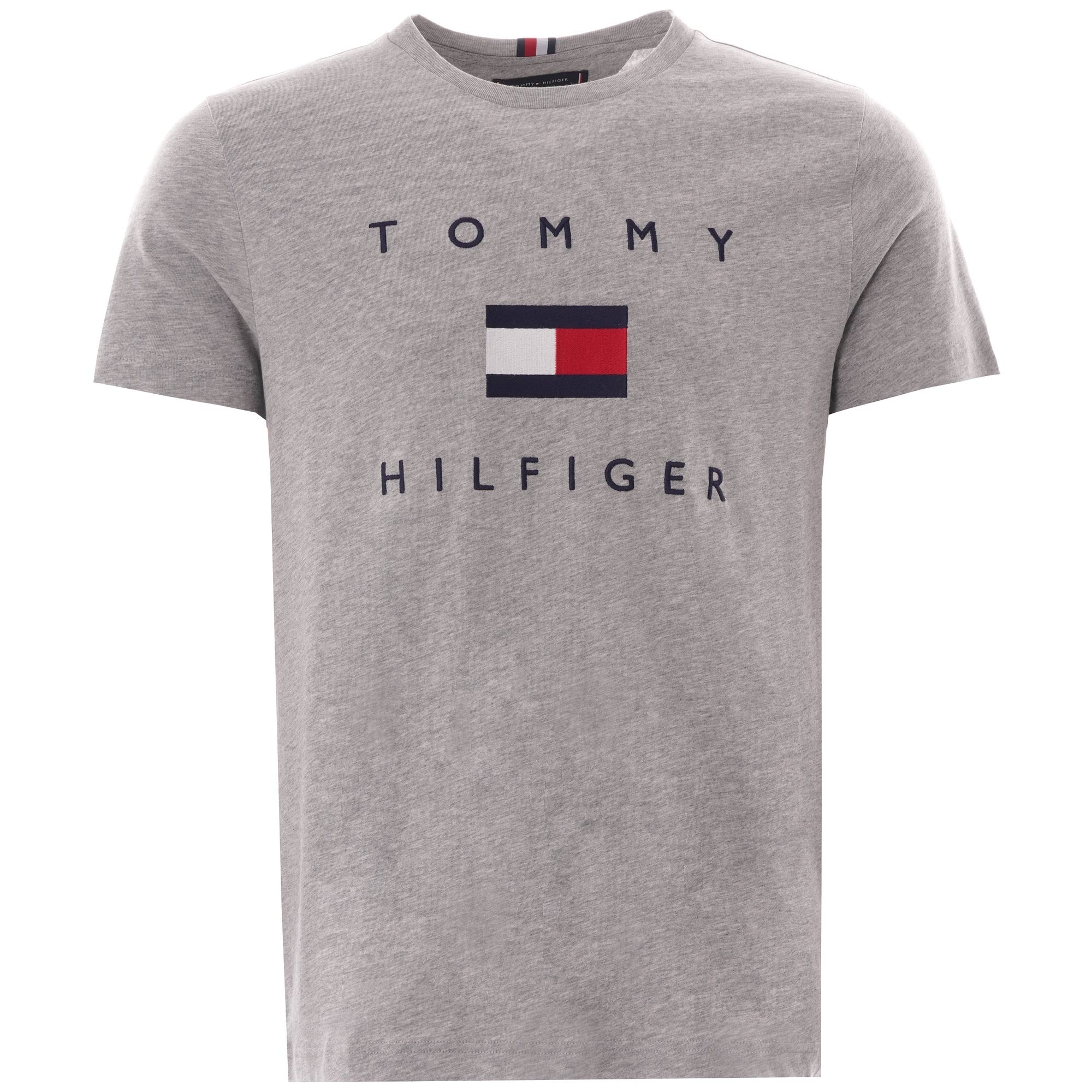 A grey Tommy Hilfiger men's t-shirt with the classic flag logo and brand name.