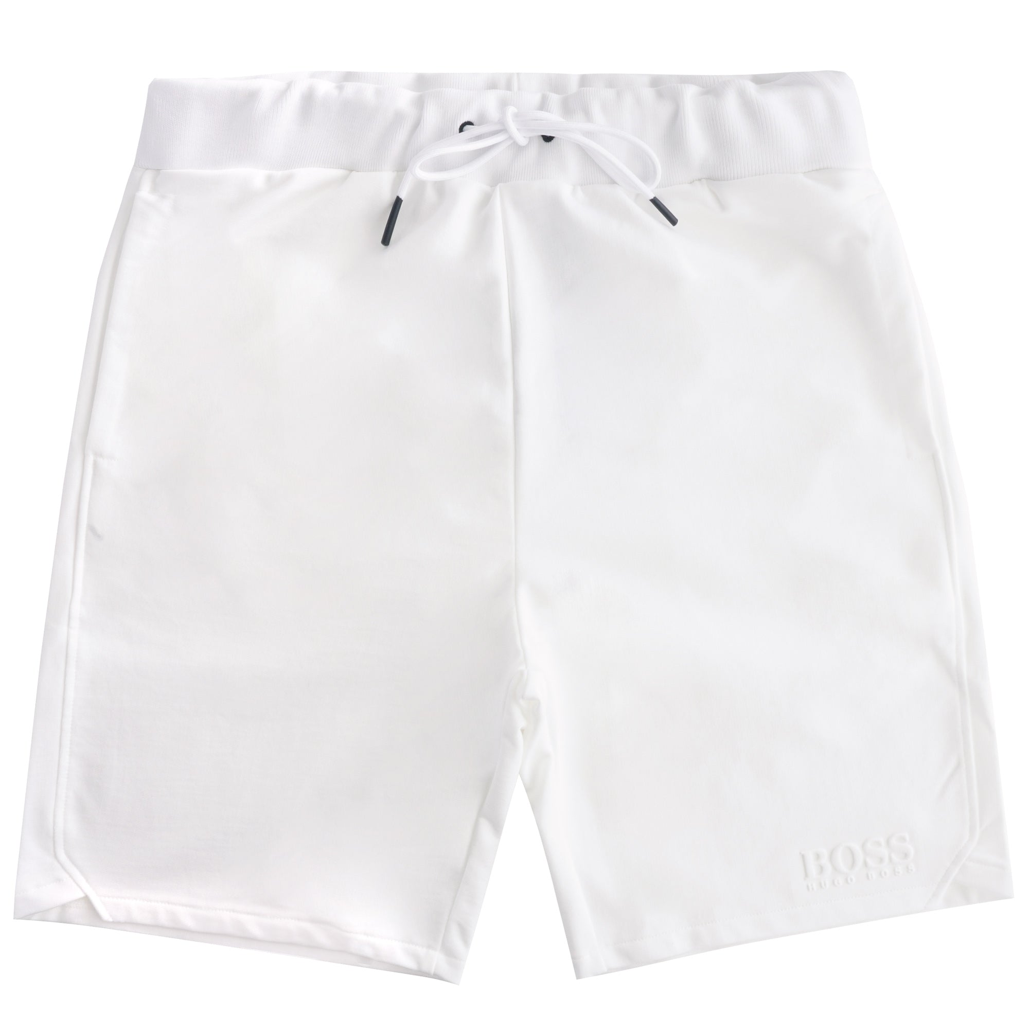Front view of white BOSS swim shorts with drawstring waist.