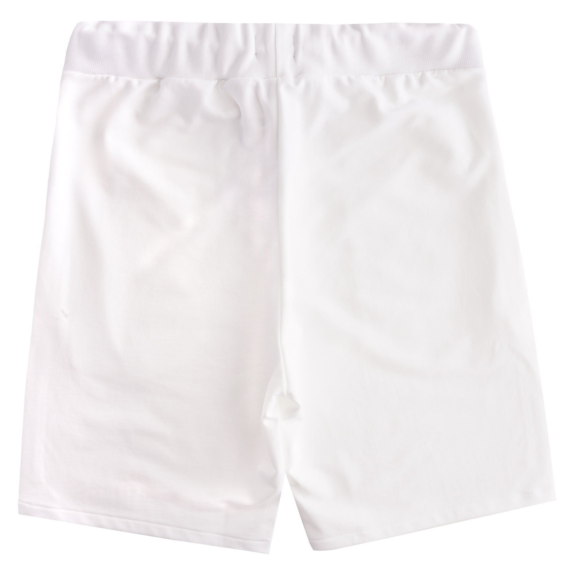Back view of white BOSS swim shorts with elasticated waist.