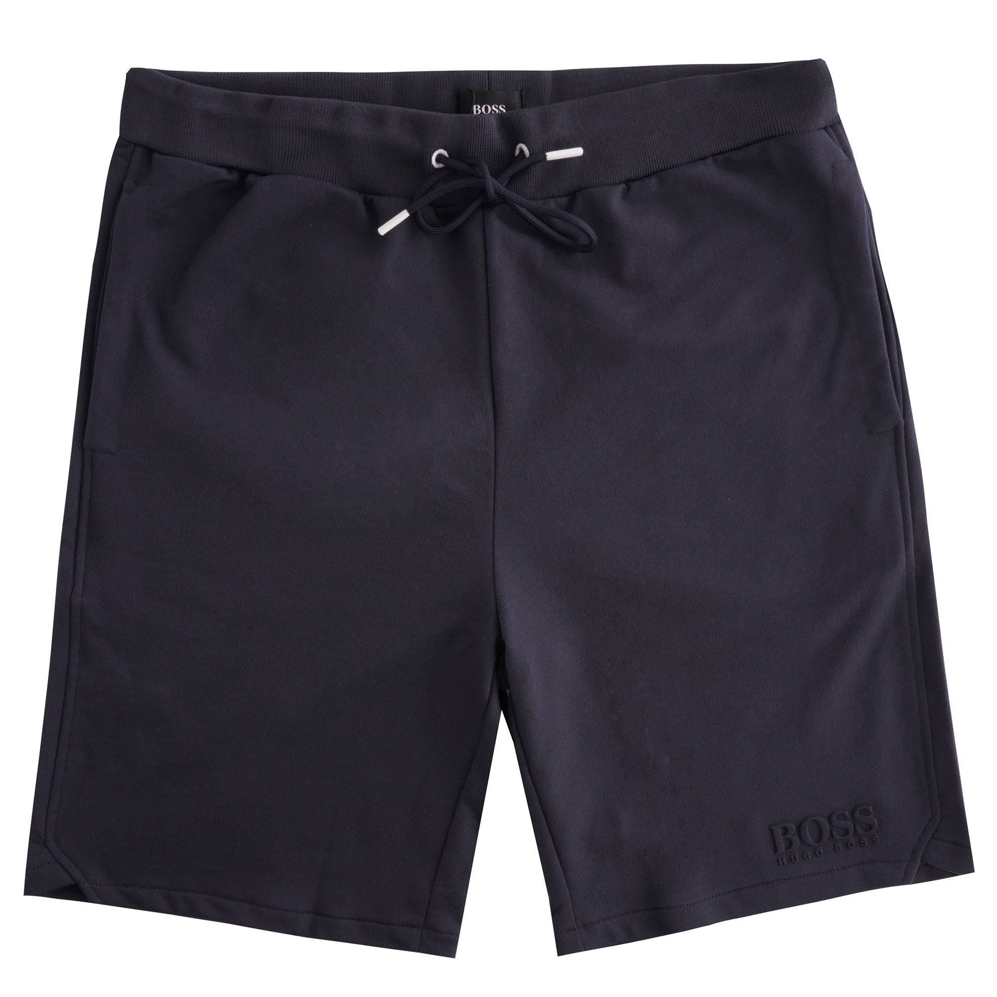 Front view of navy blue BOSS Hugo Boss tracksuit shorts with white drawstring.