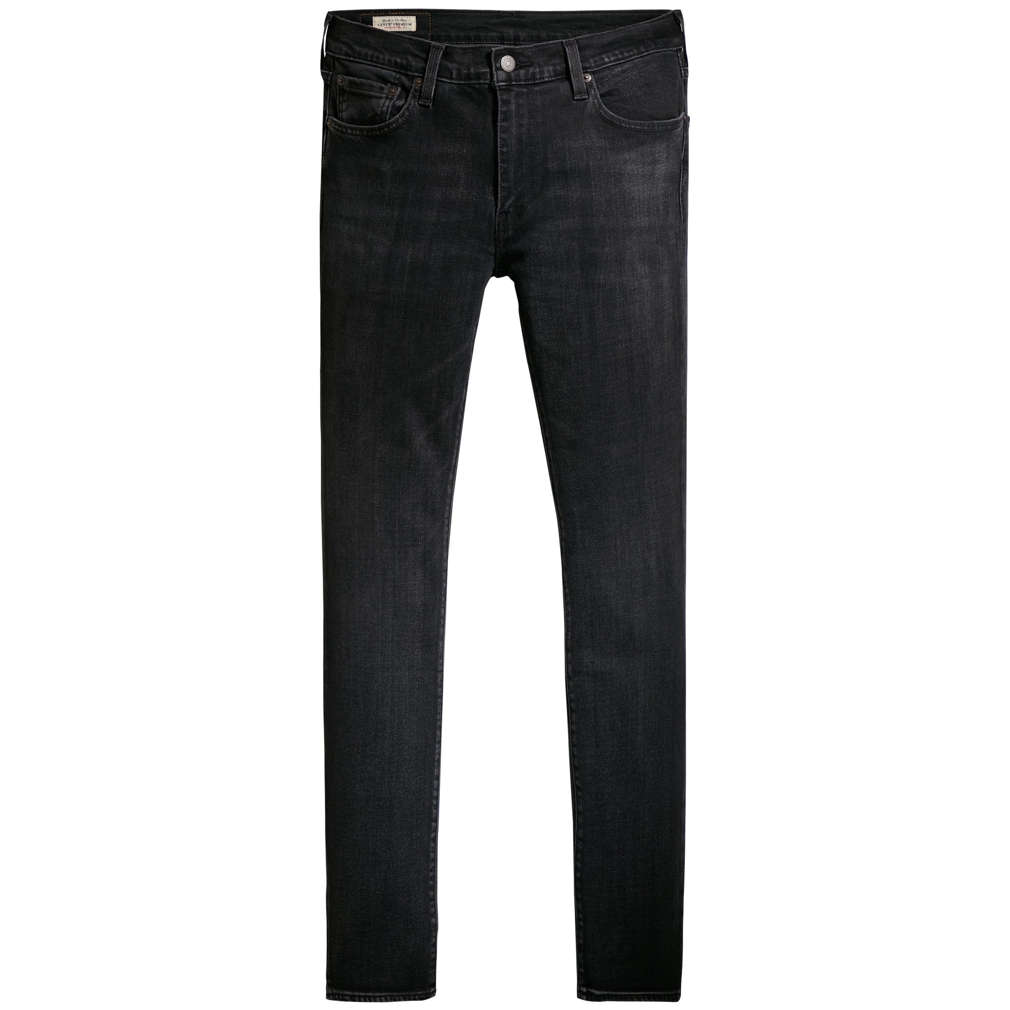 Front view of Levi's 519 men's black skinny jeans, showcasing the slim fit.
