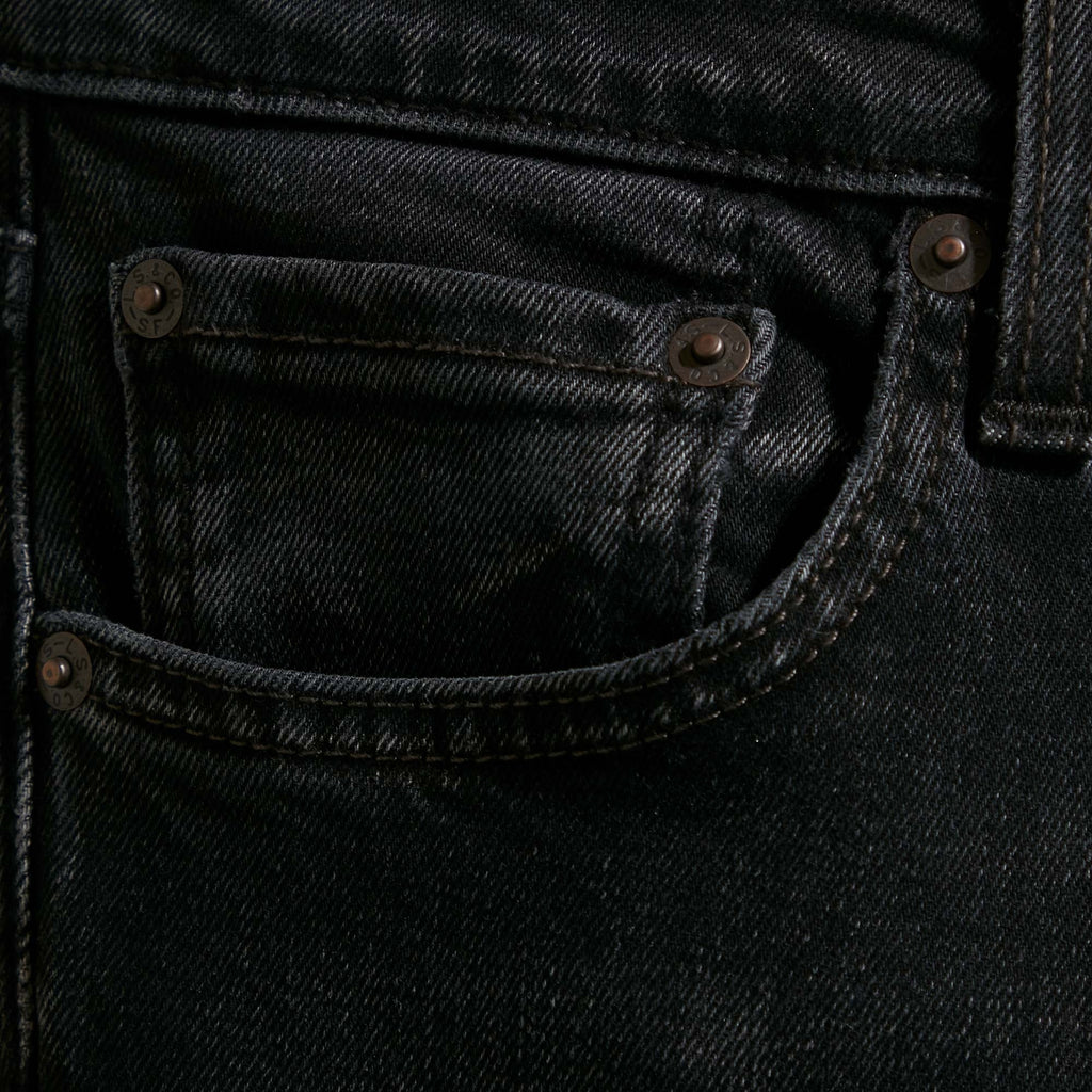 Close-up of the coin pocket on Levi's 519 men's black skinny jeans.