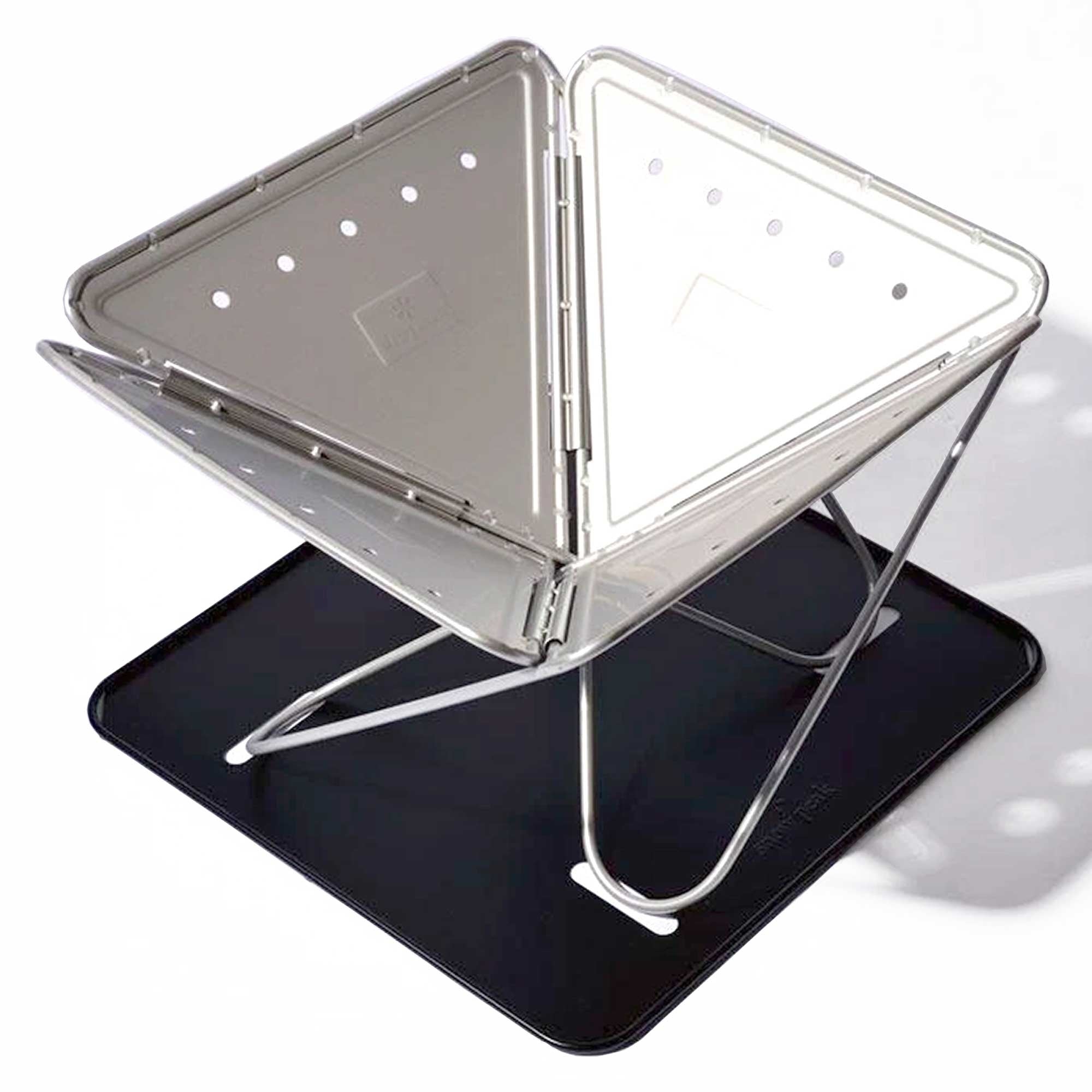 A metallic foldable fire pit, with two triangular sides open, on a black base.