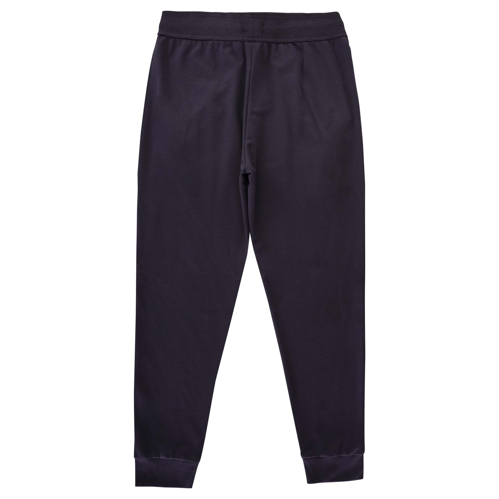 A full-length view of the back of the BOSS tracksuit bottoms.
