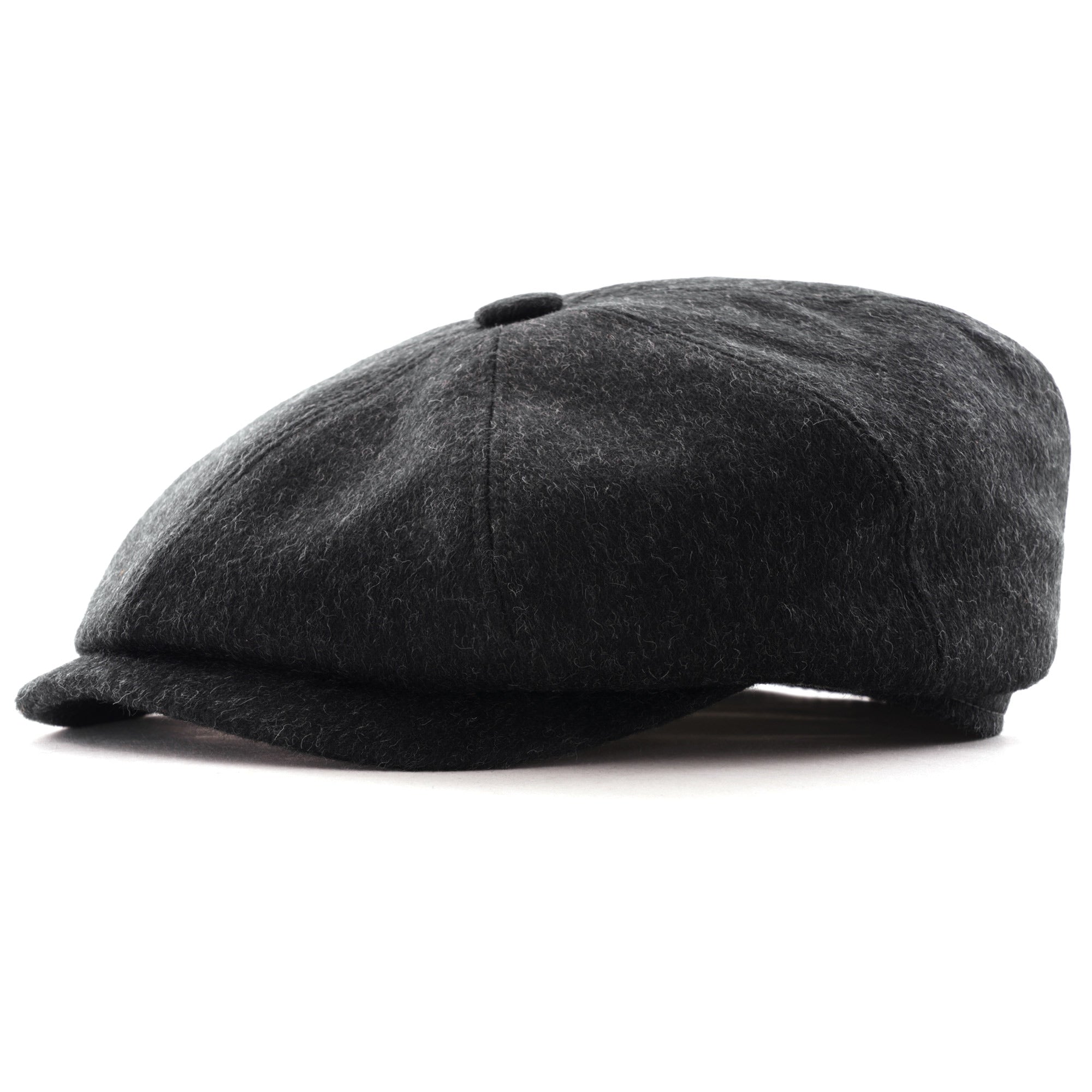 A smart charcoal grey flat cap made from wool blend fabric, side view.
