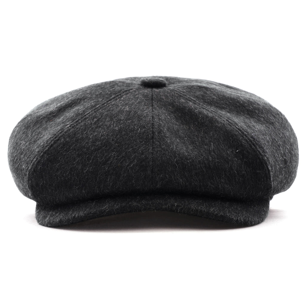 A smart charcoal grey flat cap made from wool blend fabric, front view.
