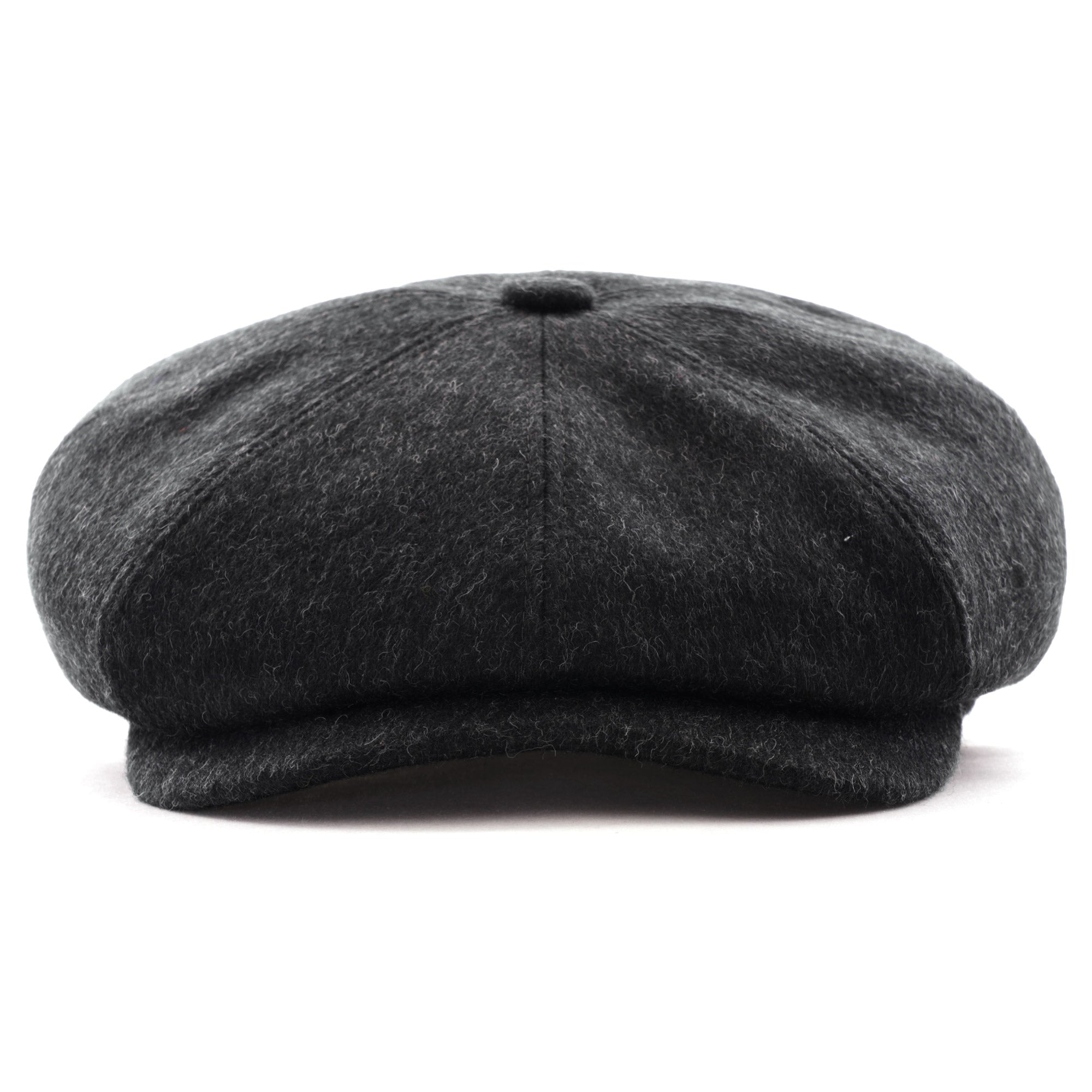 A smart charcoal grey flat cap made from wool blend fabric, front view.