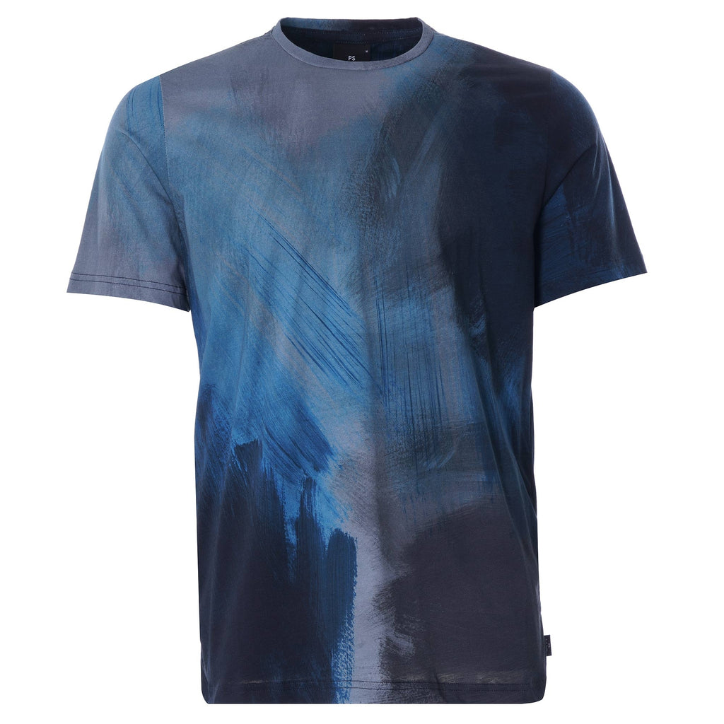 Brush Stroke' Print Cotton T-Shirt - Blue