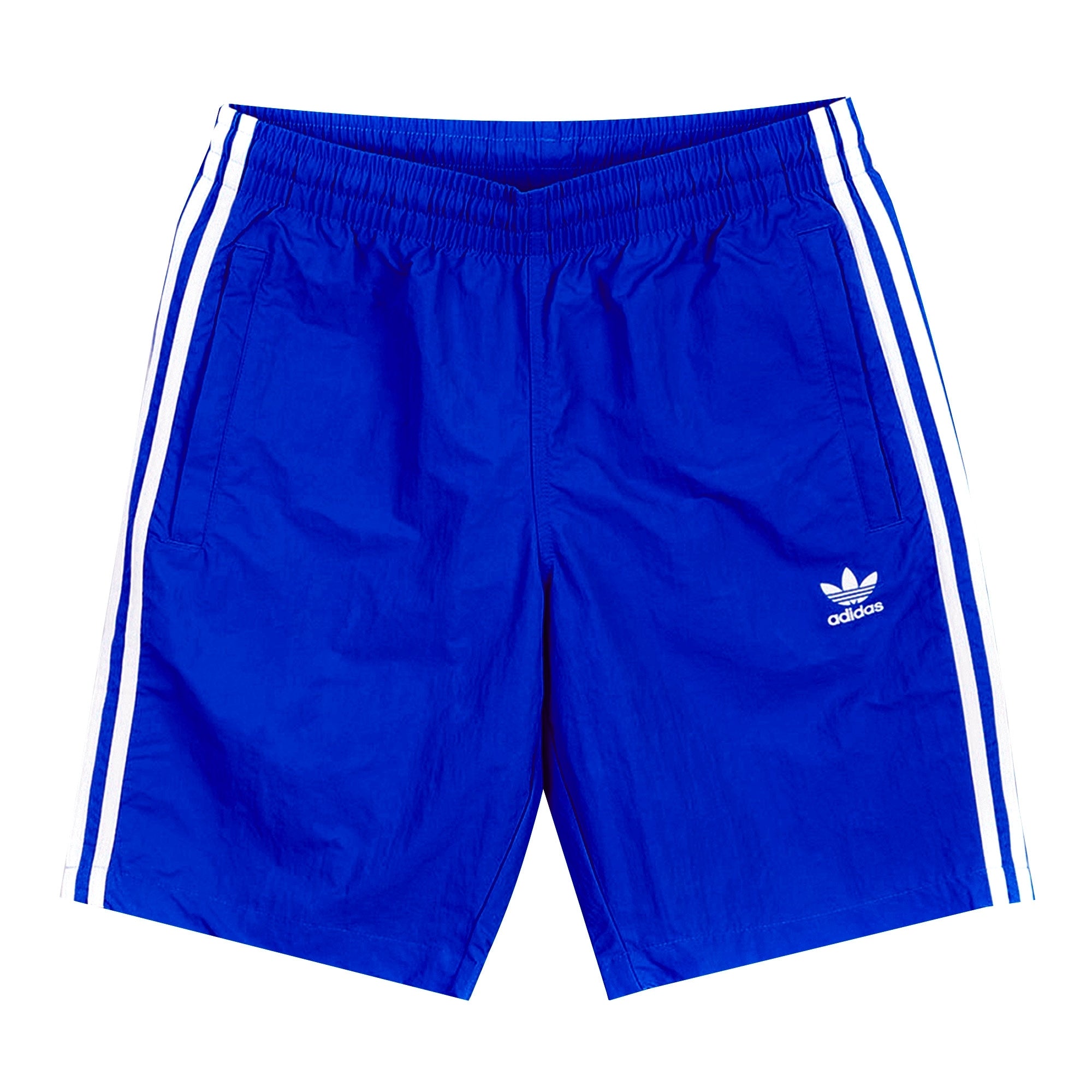 Pair of bright blue Adidas shorts with white stripes and logo.