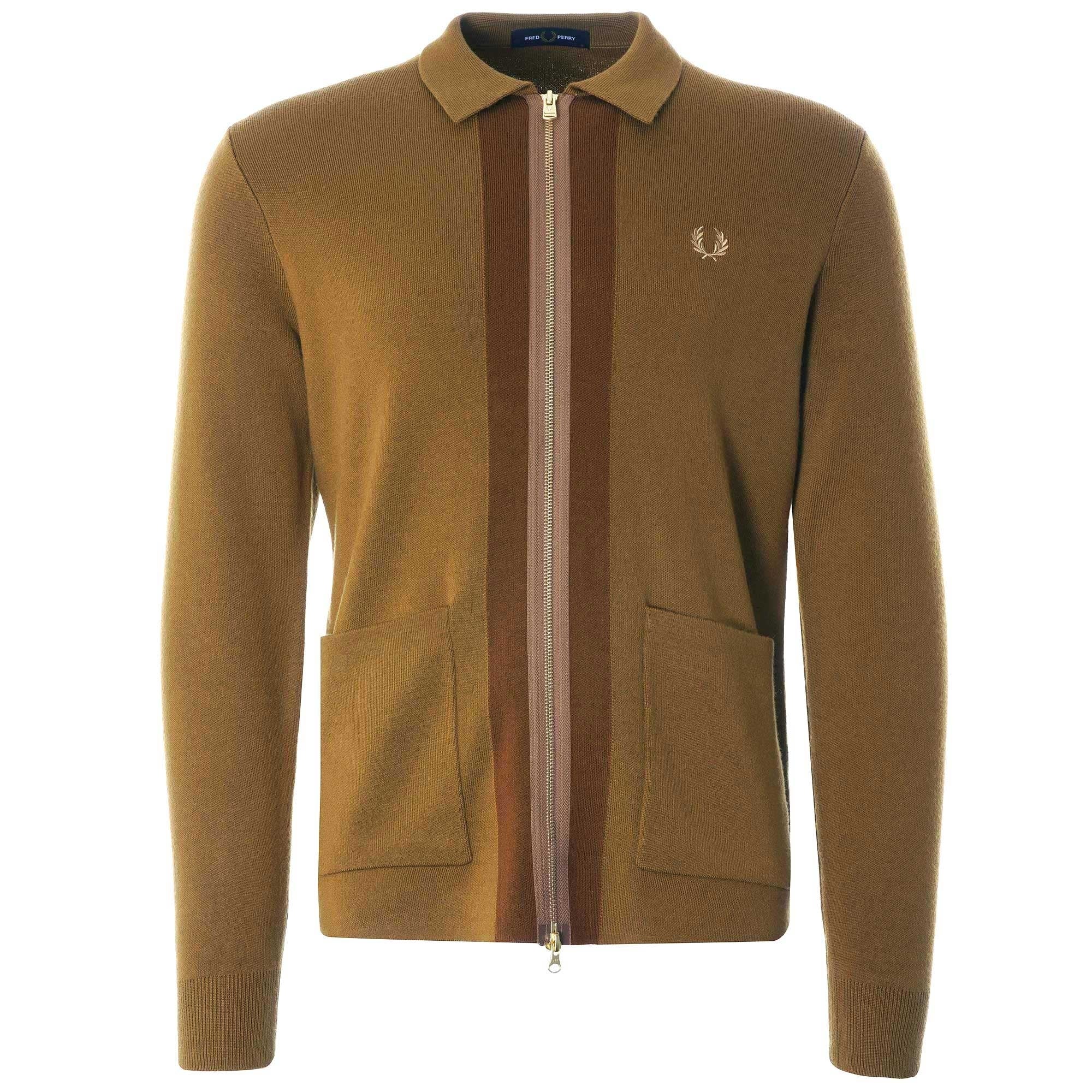 Fred Perry Zip Through Cardigan - Dark Caramel – Stuarts London