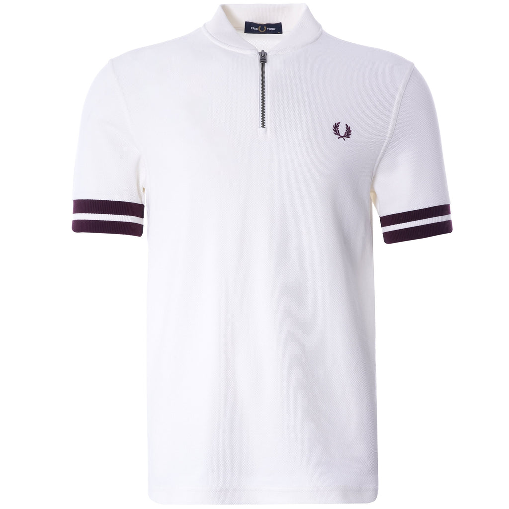 Tipped Cuff Zip Neck Polo Shirt - Snow White