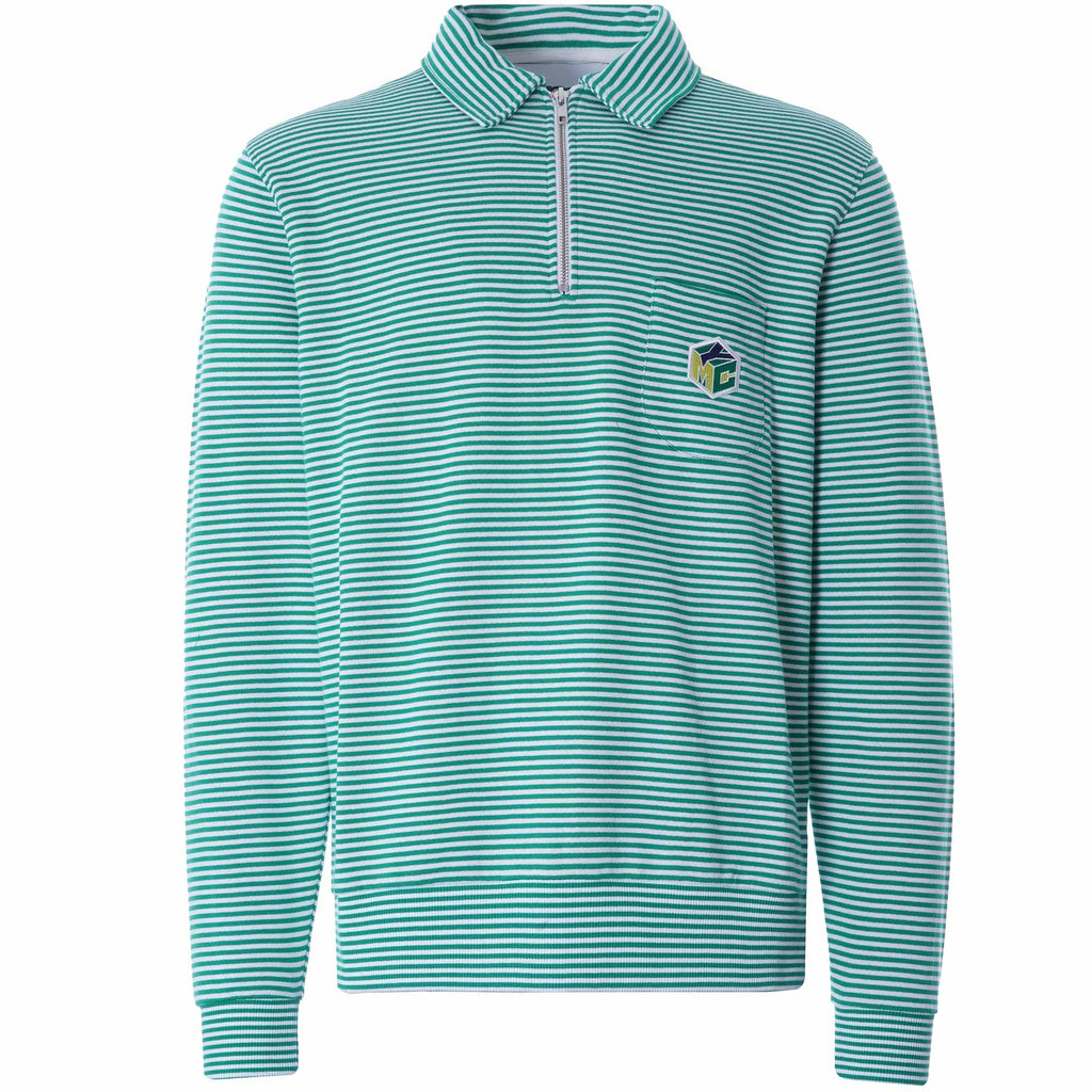 Sugden Cotton Loopback Stripe Zip Sweatshirt - Ecru/Green