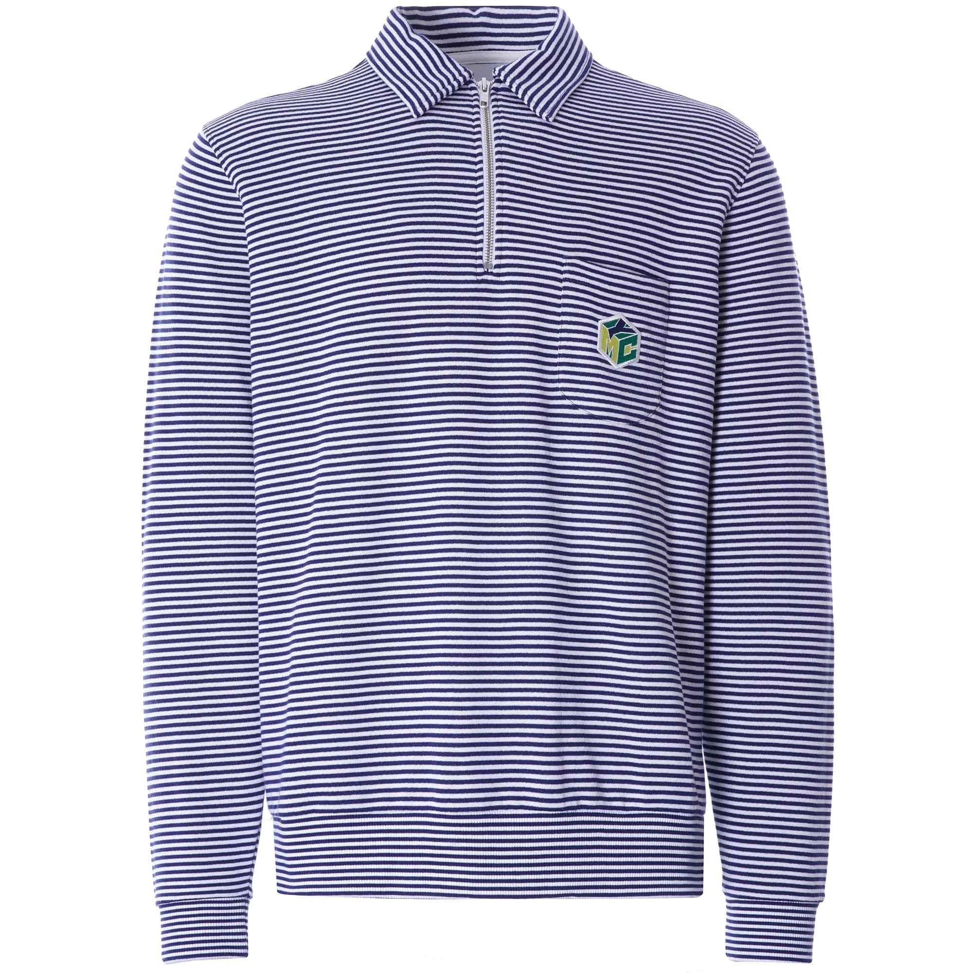 Sugden Cotton Loopback Stripe Zip Sweatshirt - Ecru/Navy