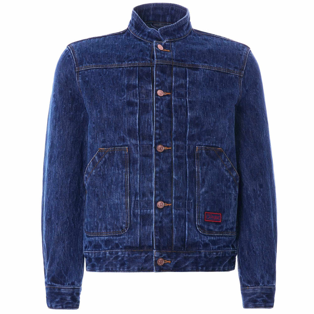Mandarin Collar Kuroki Japanese Selvedge Denim Jacket - Stone Wash
