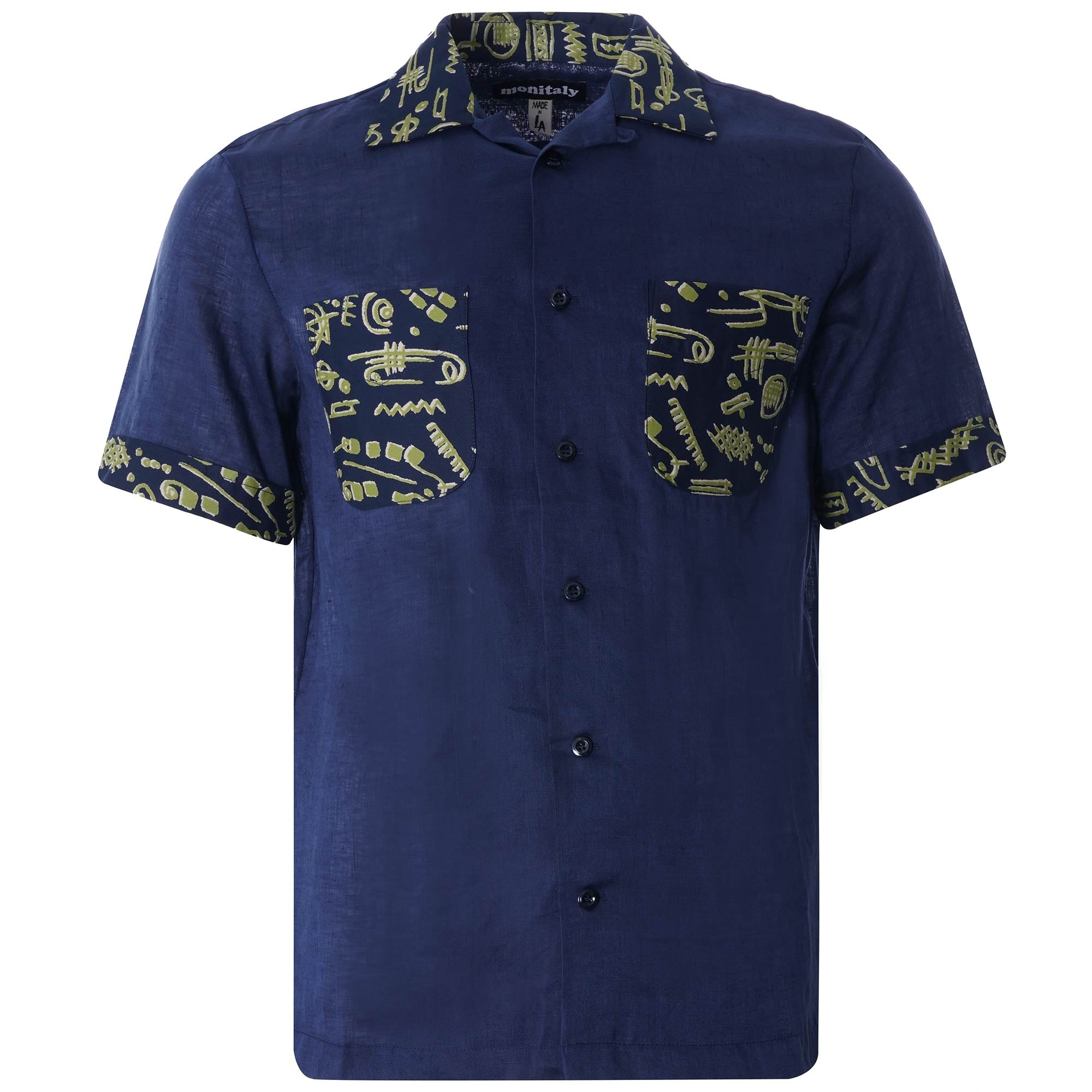 Vacation Shirt Lt. Linen Brown x Vin Print - Navy