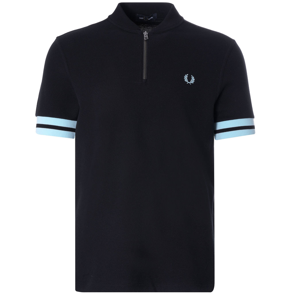 Tipped Cuff Zip Neck Polo Shirt - Black