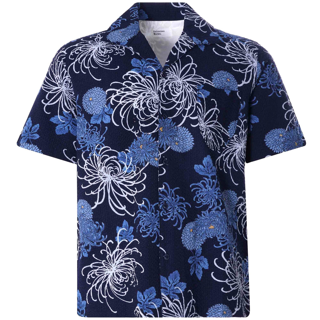 Open Collar Shirt Japanese Flower II - Blue