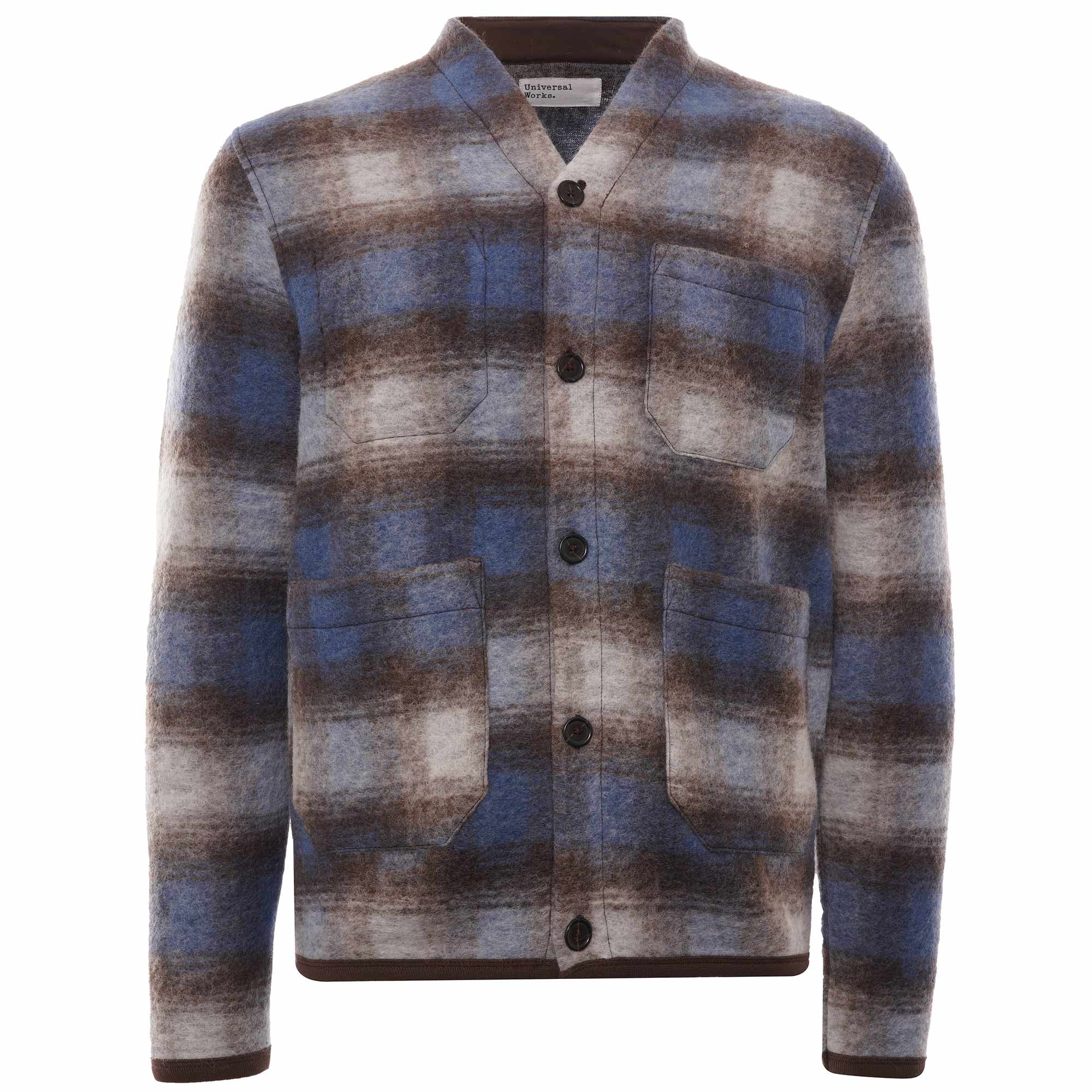 Checked Wool Fleece Cardigan - Blue/Brown