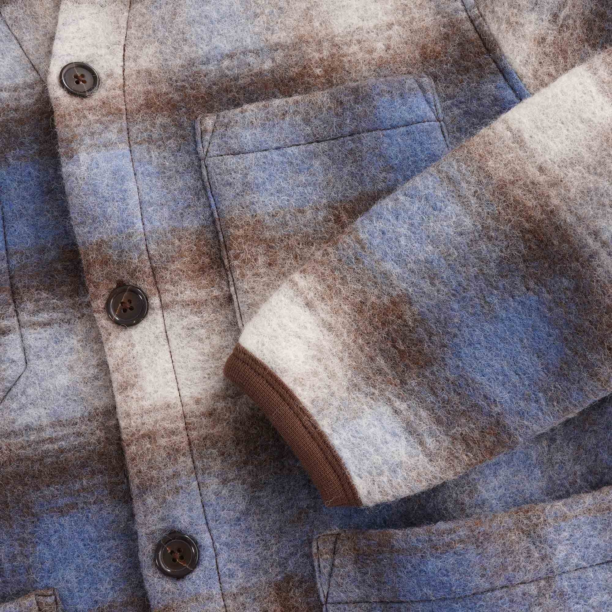 Checked Wool Fleece Cardigan - Blue/Brown