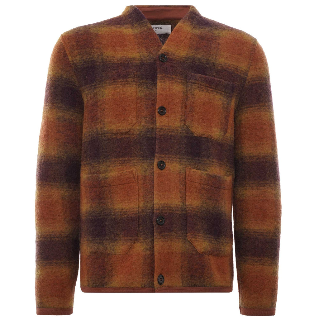 Checked Wool Fleece Cardigan - Gold/Claret