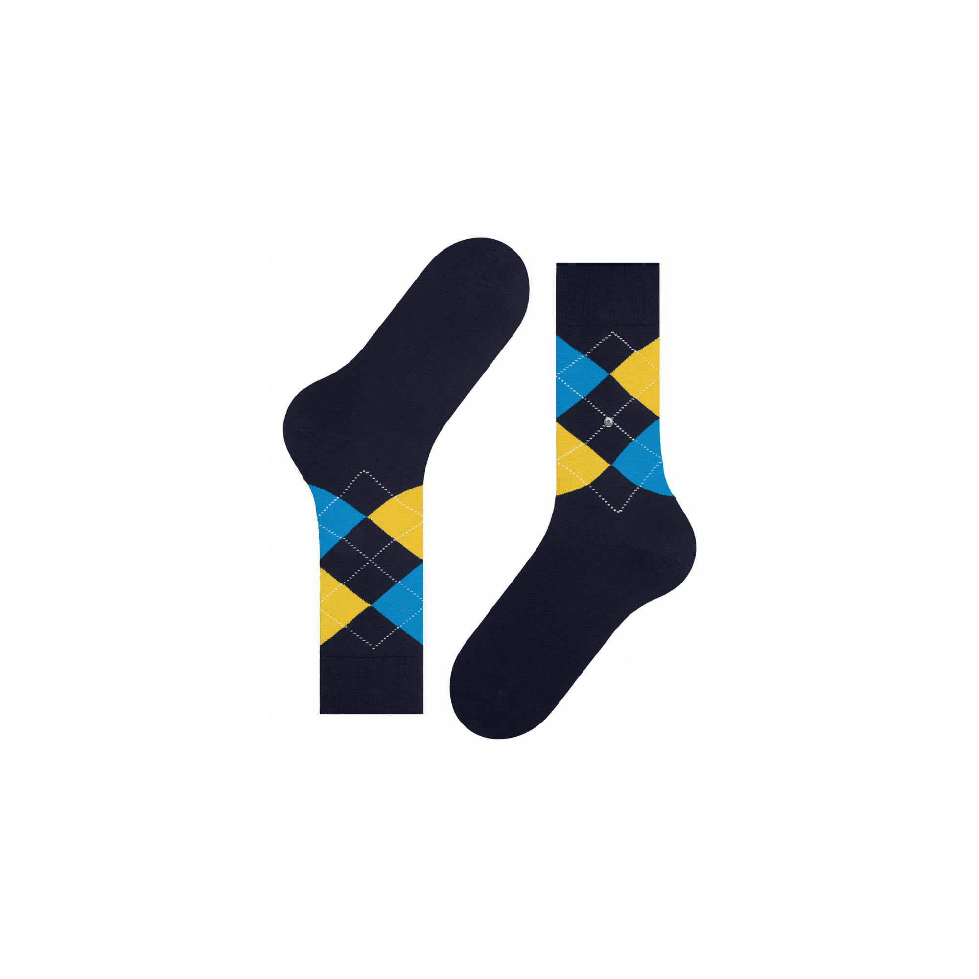 A pair of navy blue socks with a yellow and blue argyle pattern.