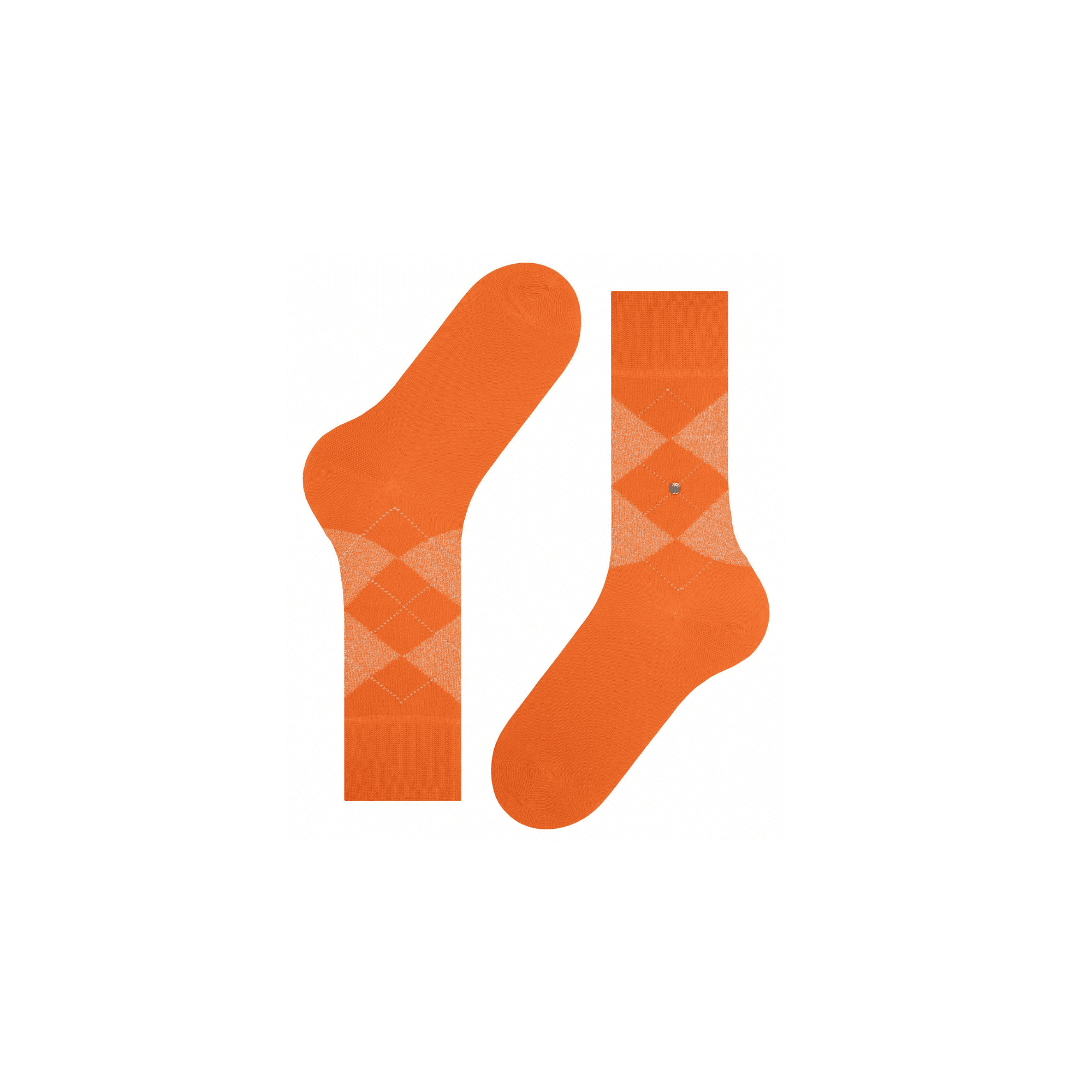 Pair of orange argyle socks displayed on a white background.