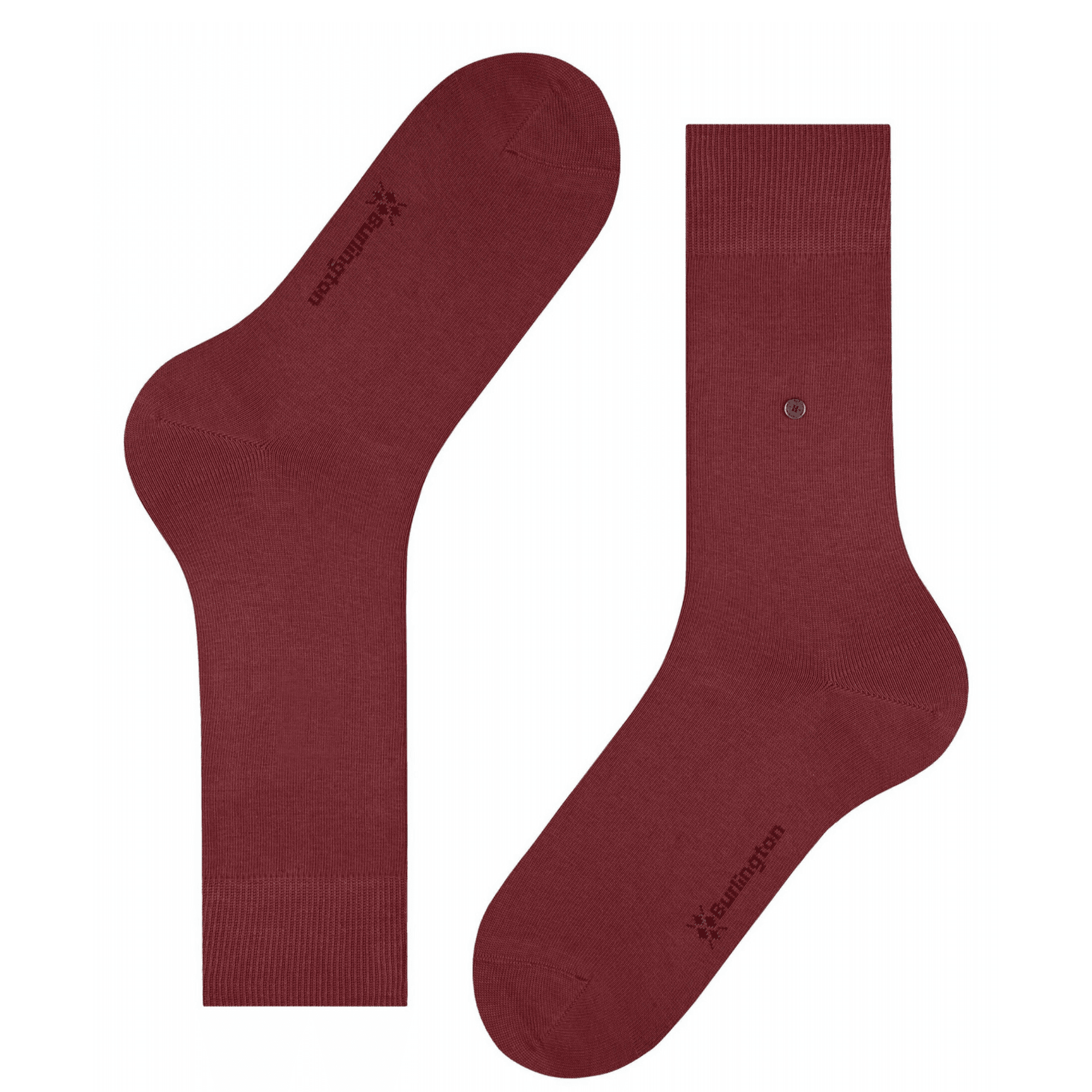 Two dark red socks, one lying flat and the other standing upright.