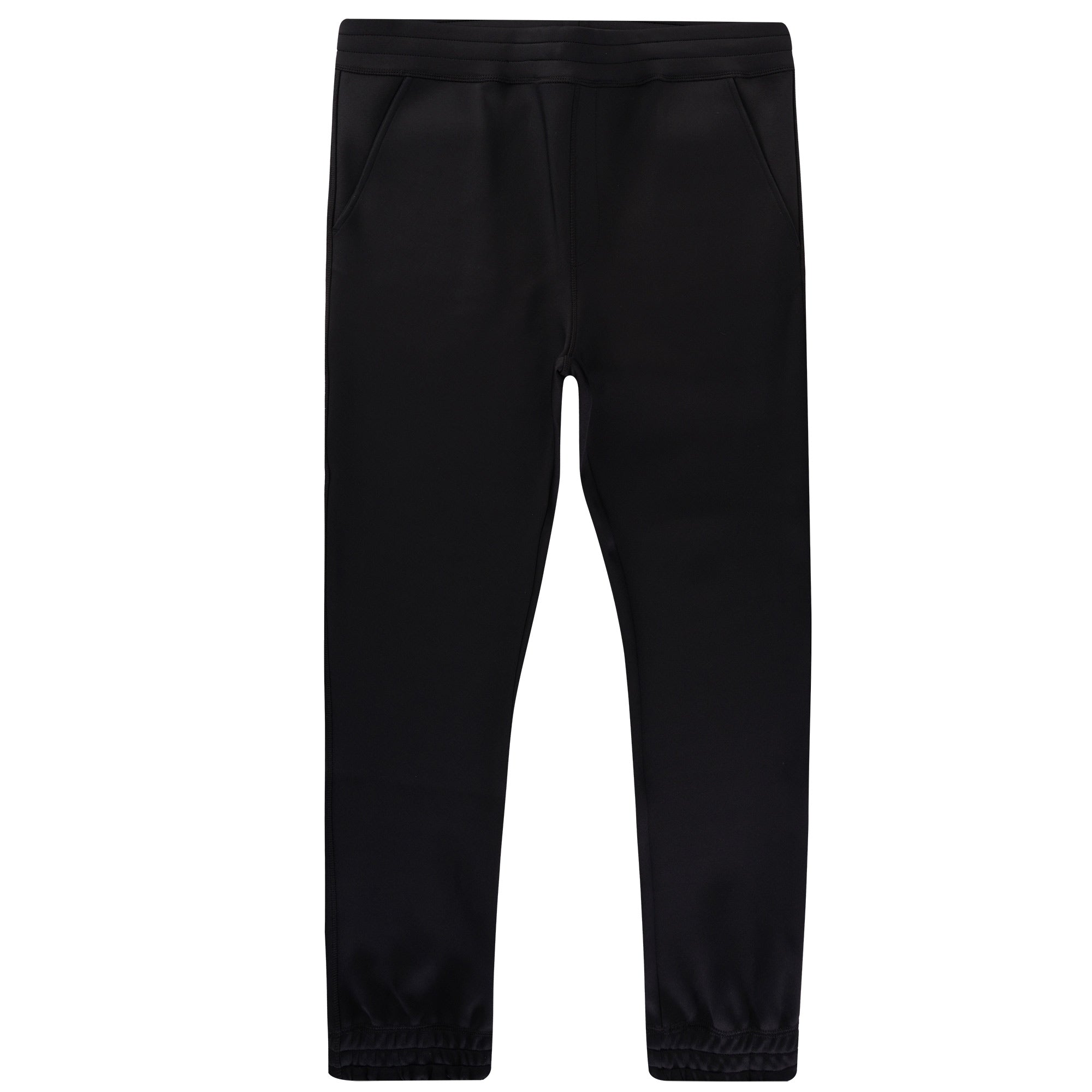 Full view of black jogging bottoms featuring elasticated cuffs, for comfortable everyday wear.
