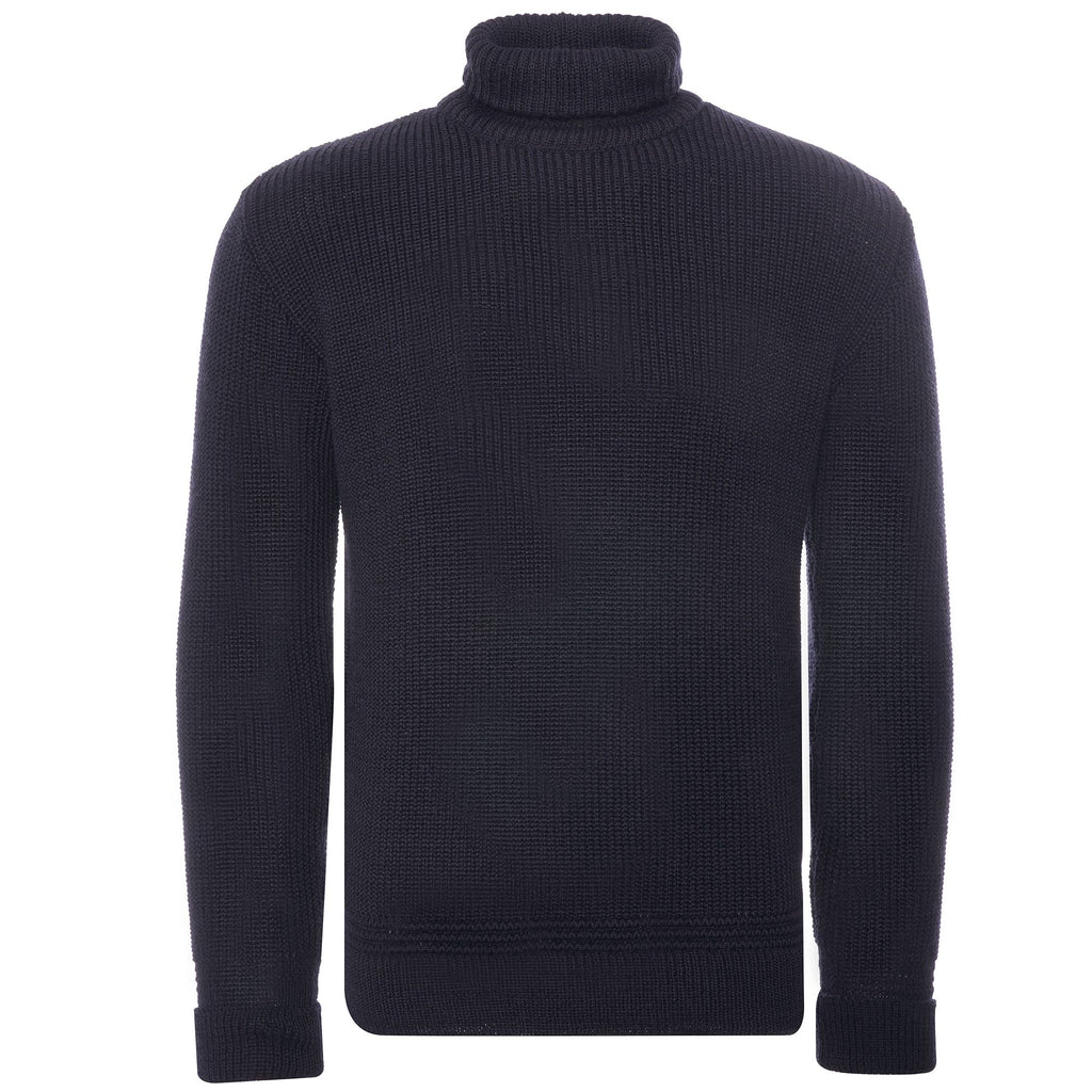 Front view of a men's navy blue roll neck jumper.