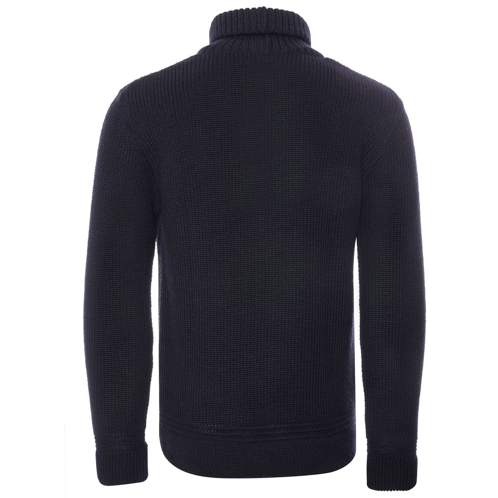 Back view of a men's navy blue roll neck jumper.