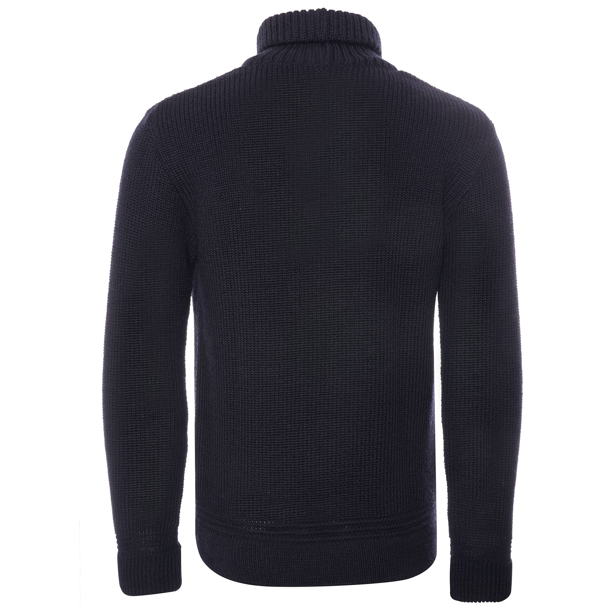 Back view of a men's navy blue roll neck jumper.
