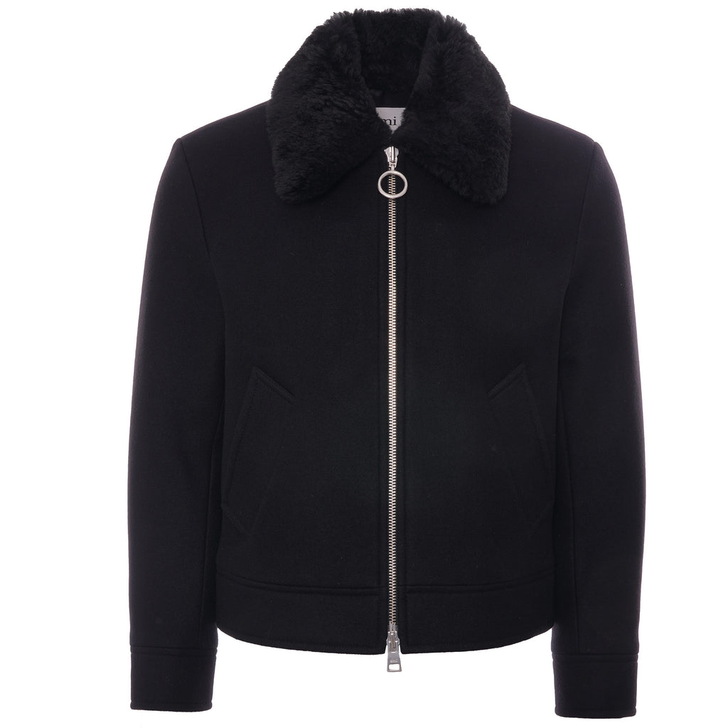 AMI Shearling-Collar Zipped Jacket - Black