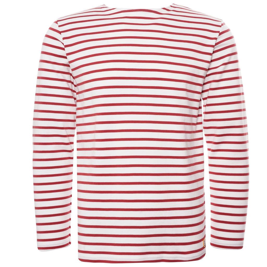A front view of the red and white striped mariniere shirt. 