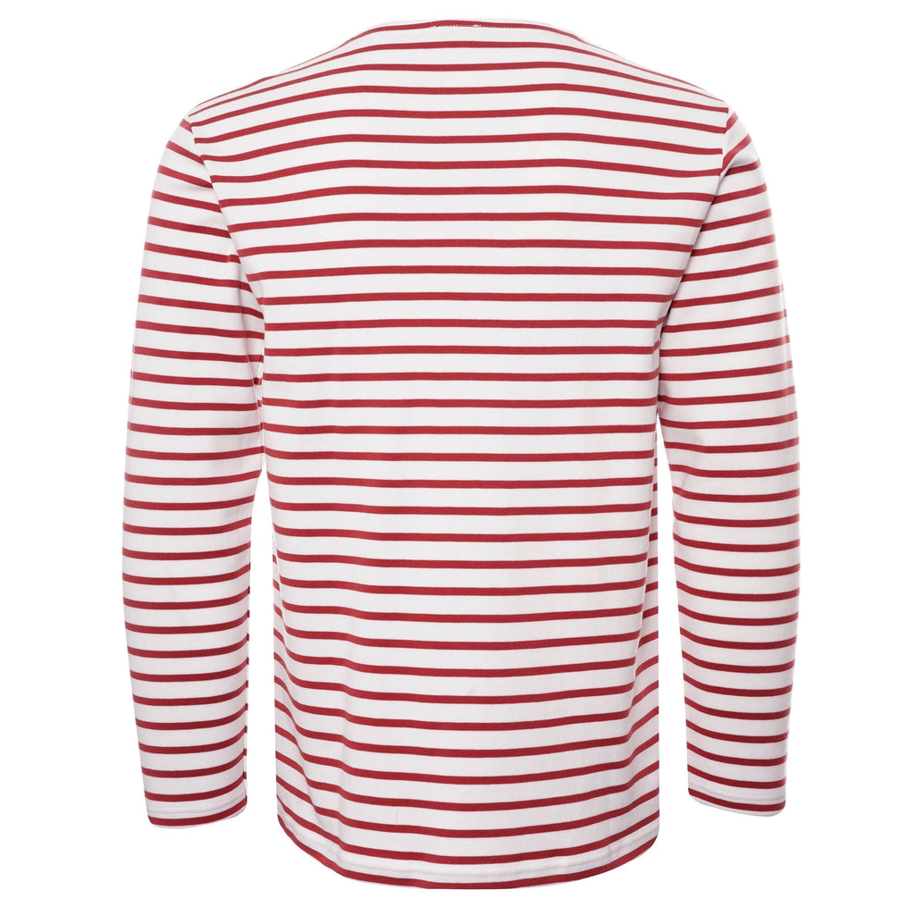 A back view of the red and white striped mariniere shirt. 