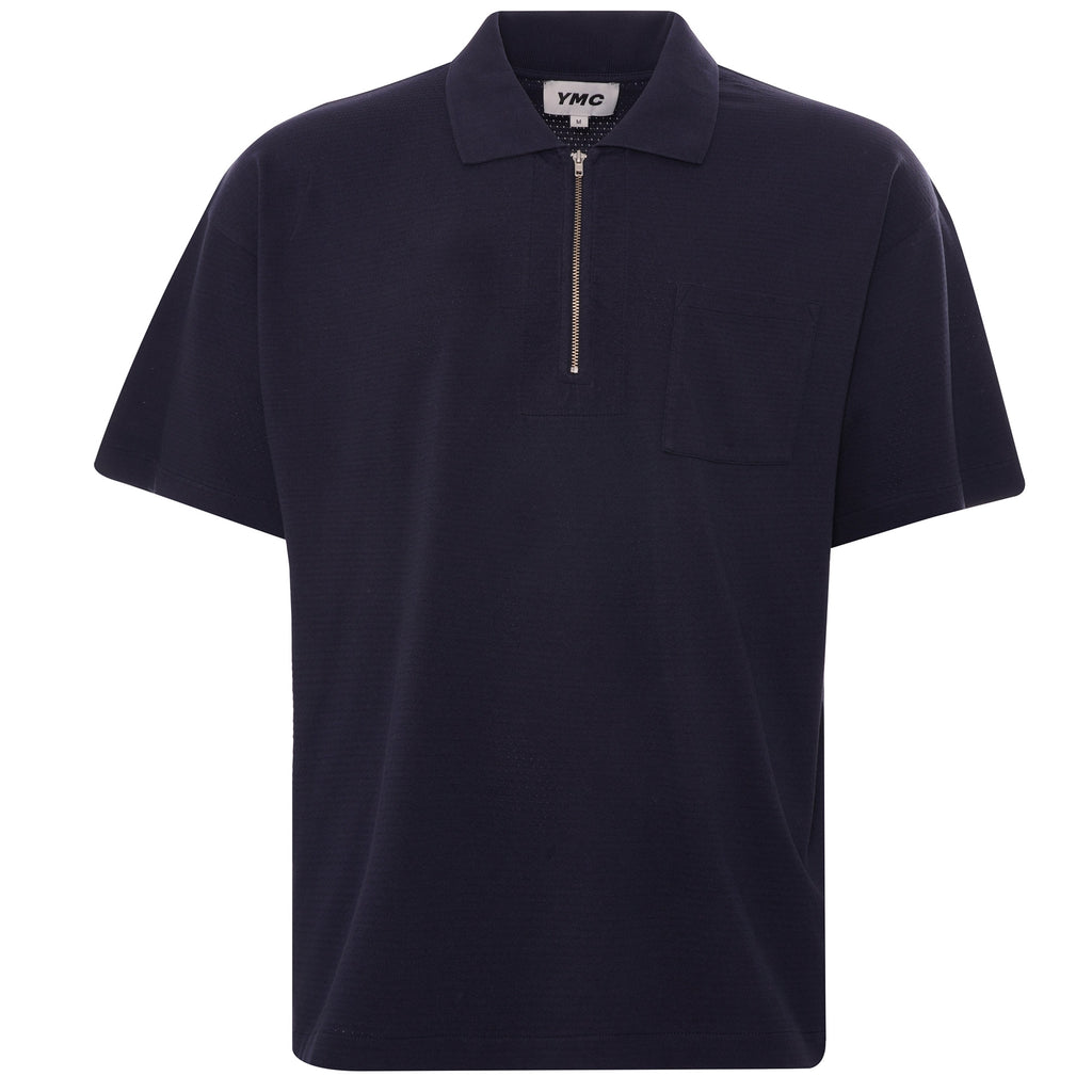 YMC Frat Cotton Zip Polo Shirt - Navy