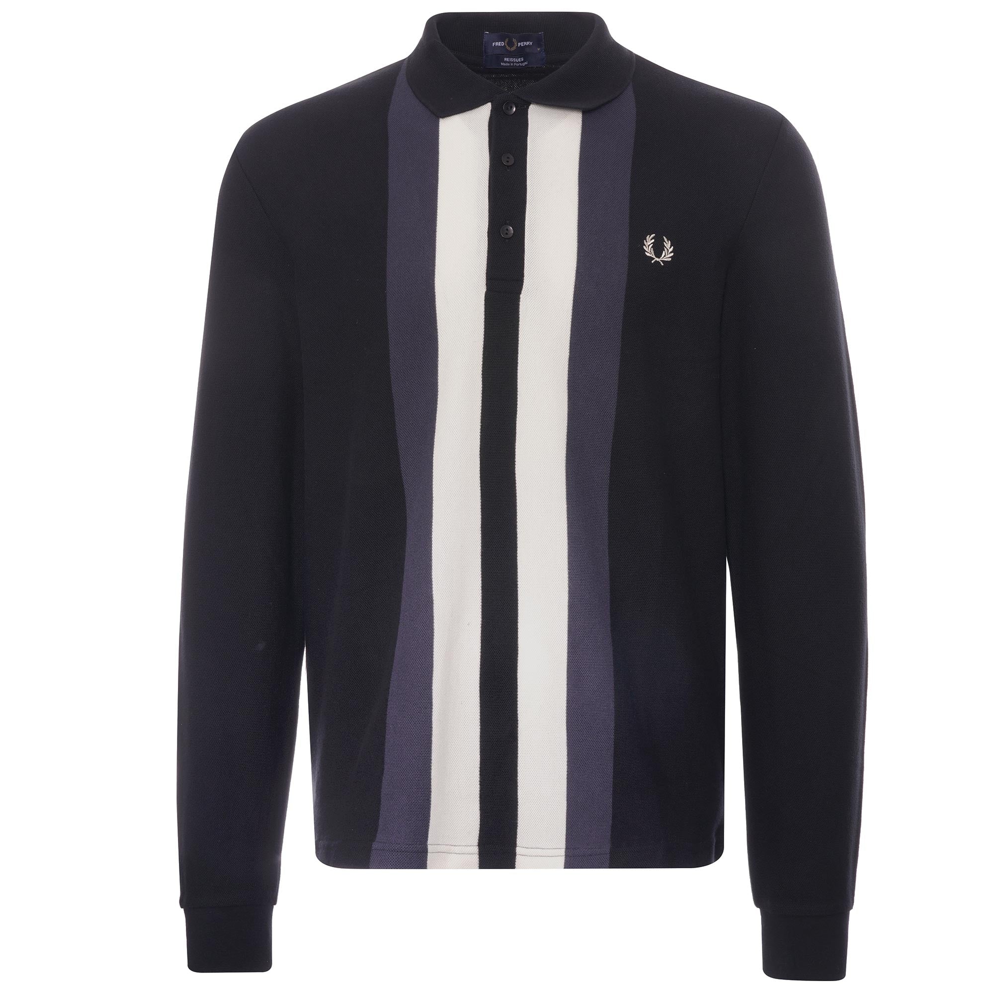 Fred Perry Reissues M3 Striped Long Sleeve Polo Shirt - Black