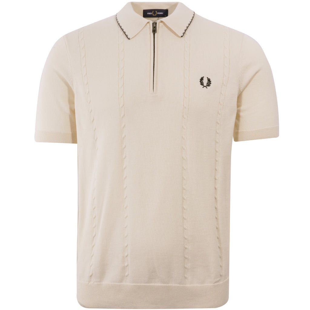 Fred Perry Cable Detail Zip-Neck Knitted Shirt - Ecru