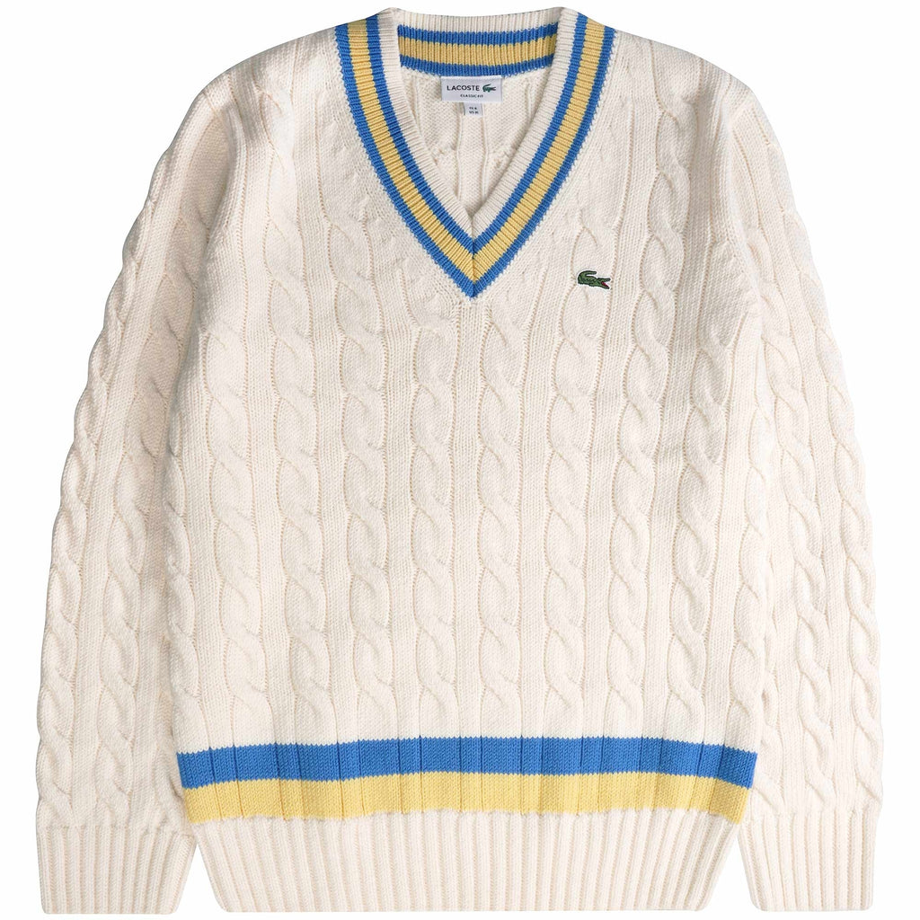 Lacoste Classic Fit V-Neck Contrast Striped Wool Sweater - Blanc