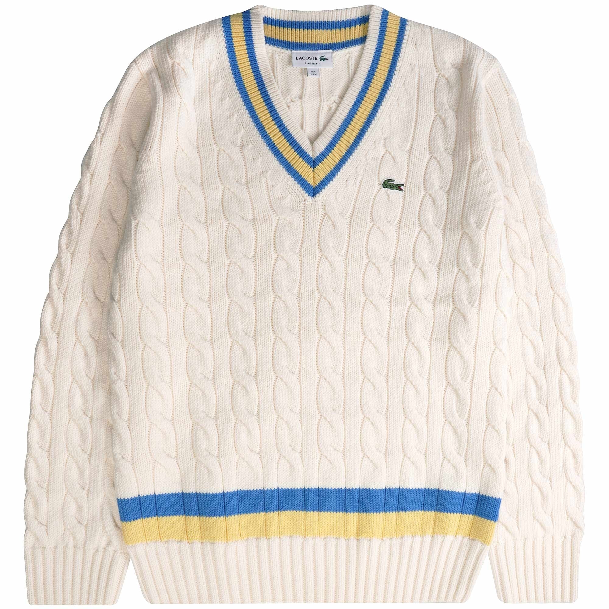 Lacoste Classic Fit V-Neck Contrast Striped Wool Sweater - Blanc